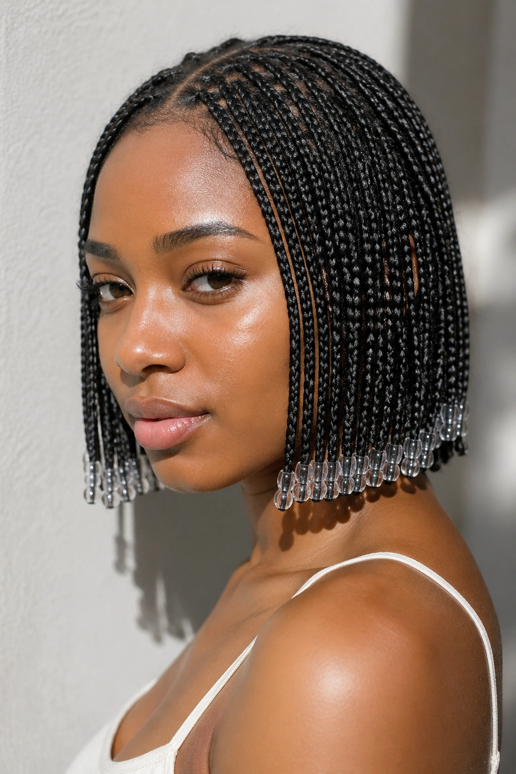 Close-up portrait of a real person with Slim Micro Bob With Tiny Transparent Beads