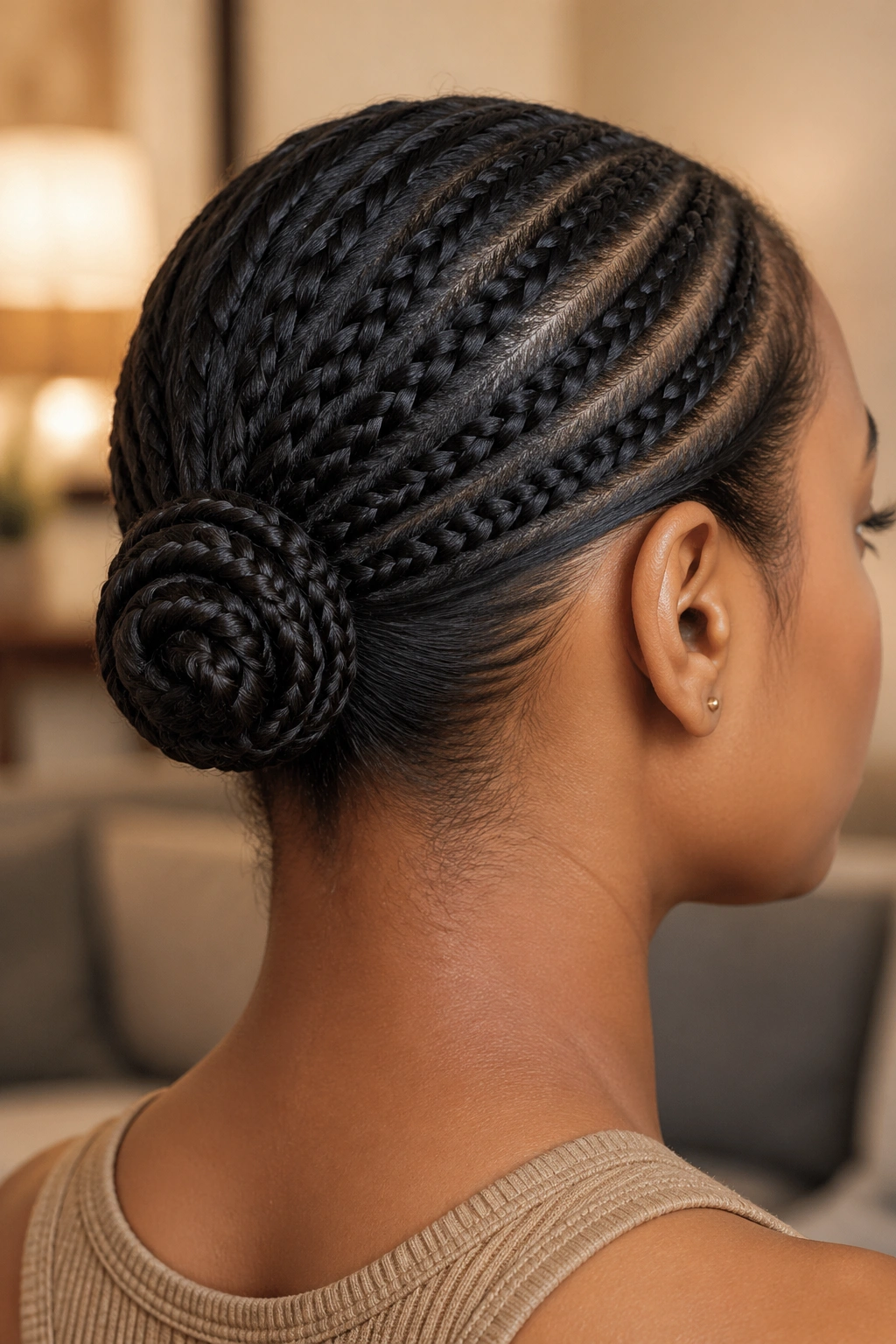 Close-up of a real person with a tiny braided bun wrap at the back of the head