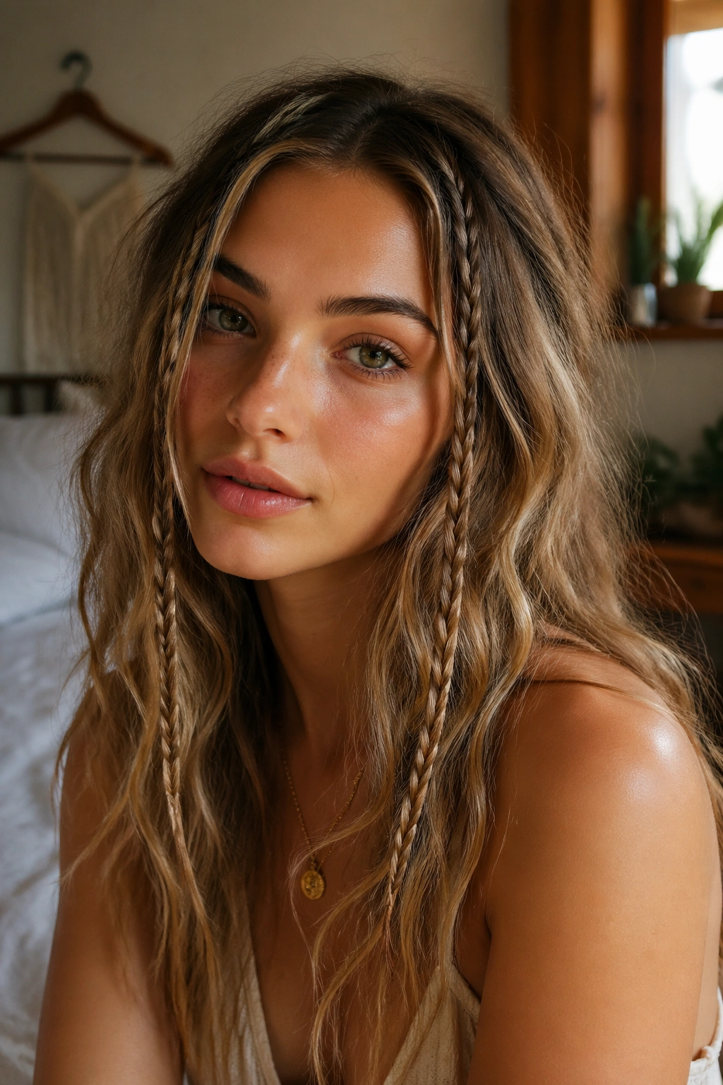 Close-up of a real woman with tiny accent braids at the temples and loose waves.
