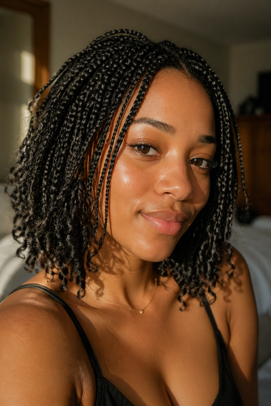 Close-up of a real woman wearing tiny box braids framing her face in warm window light.