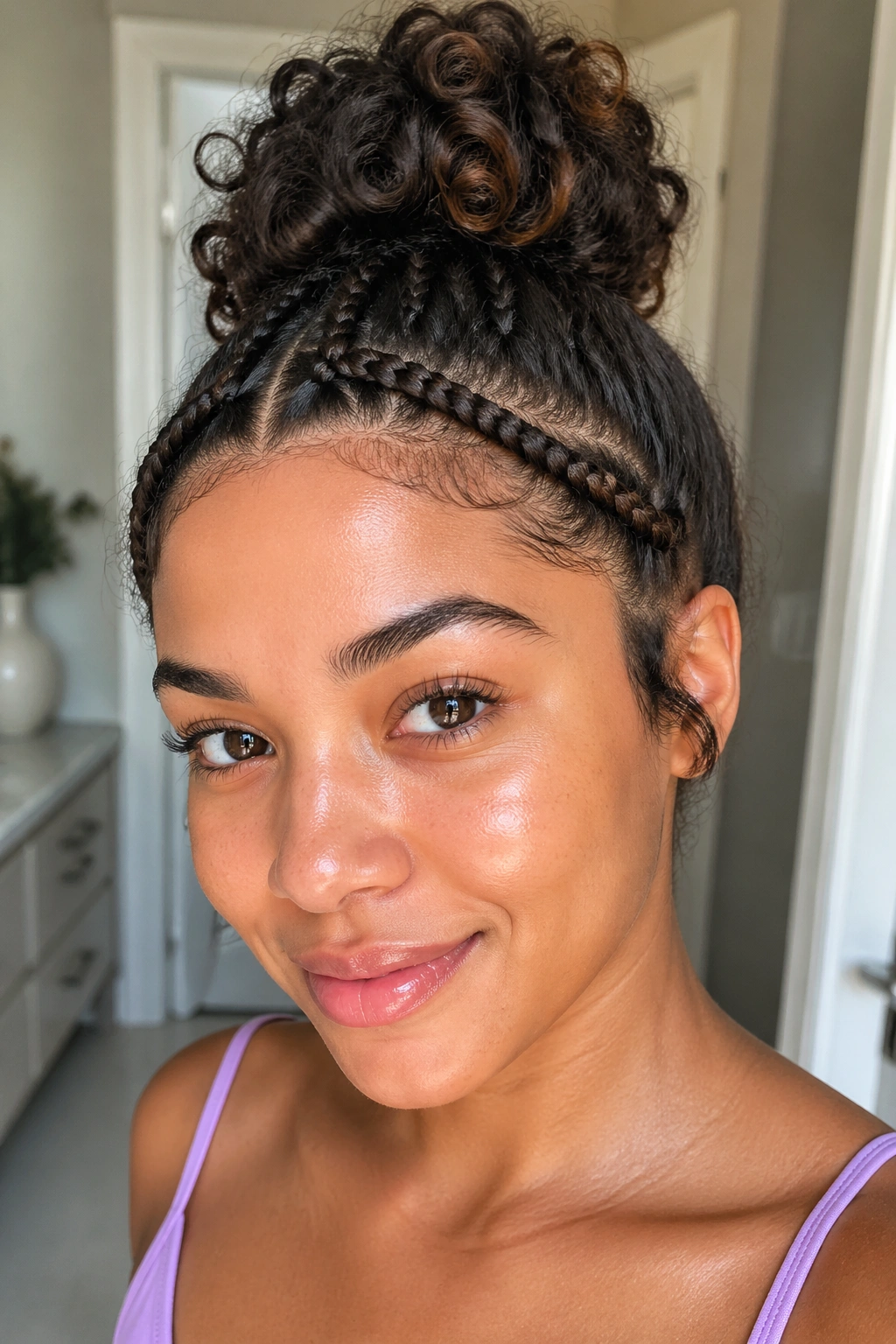 Close-up of a real person with tiny Dutch braids along the hairline