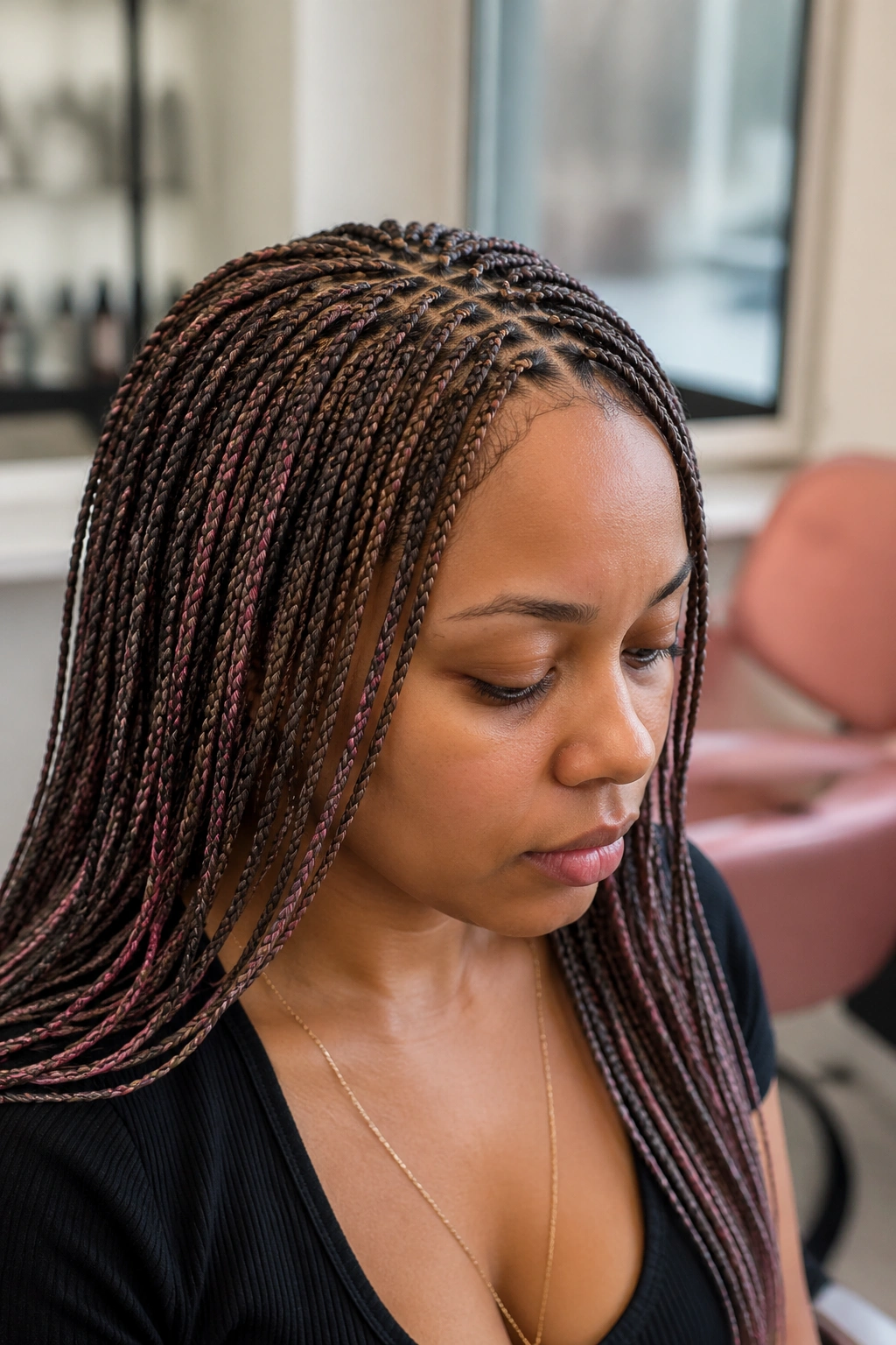 Close-up of tiny knotless braids with hidden pink threads on a real woman.