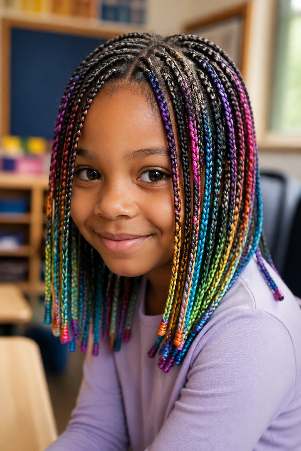 Close-up of a child with many tiny rainbow braids and bright tips