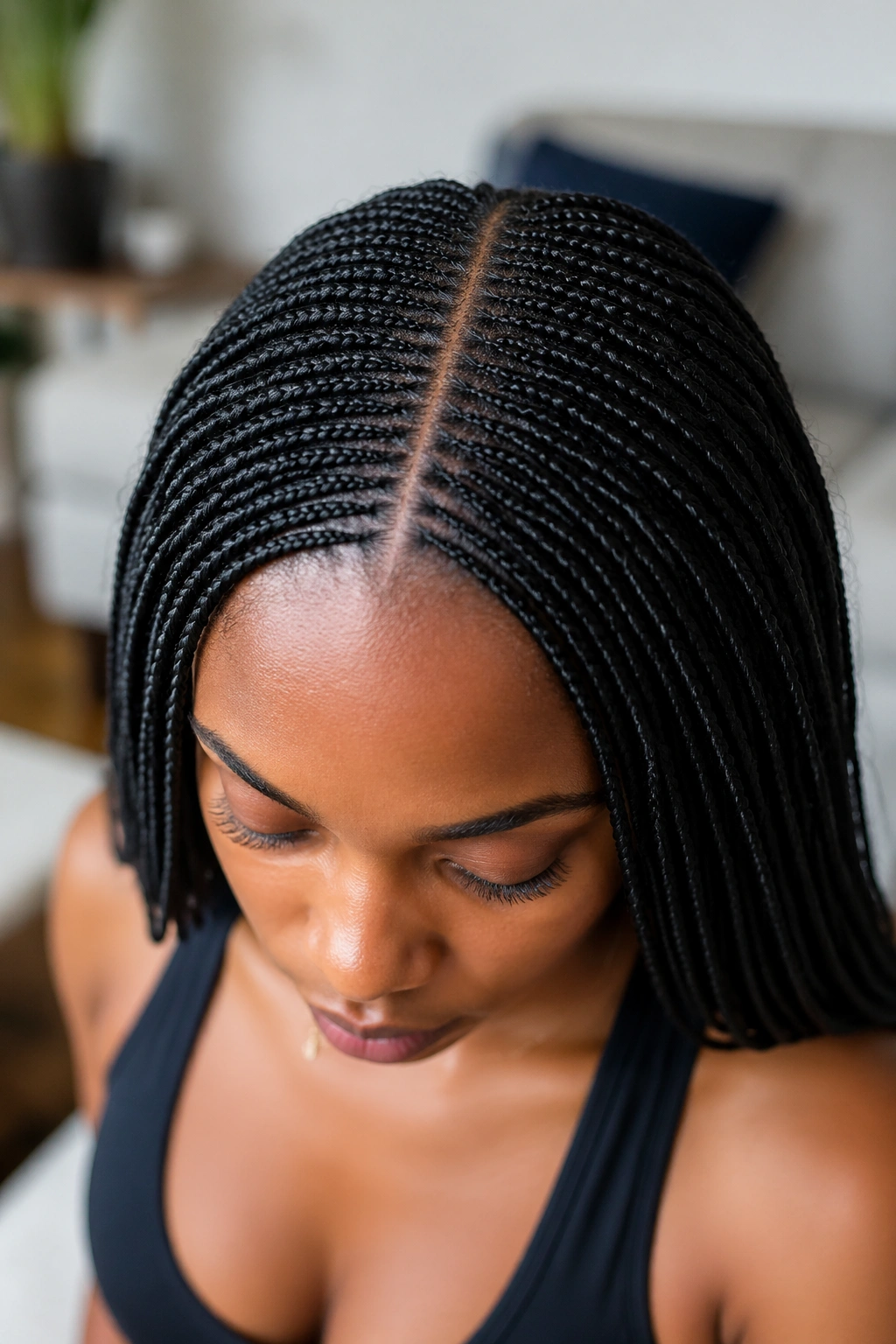 Portrait of a real woman with many small stitch braids and a pin-straight center part