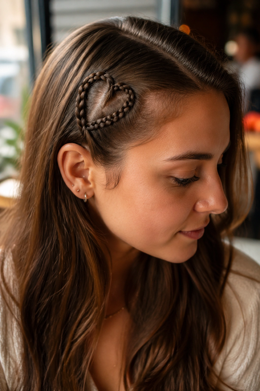 Close-up of a real woman with a tiny temple heart accent braid