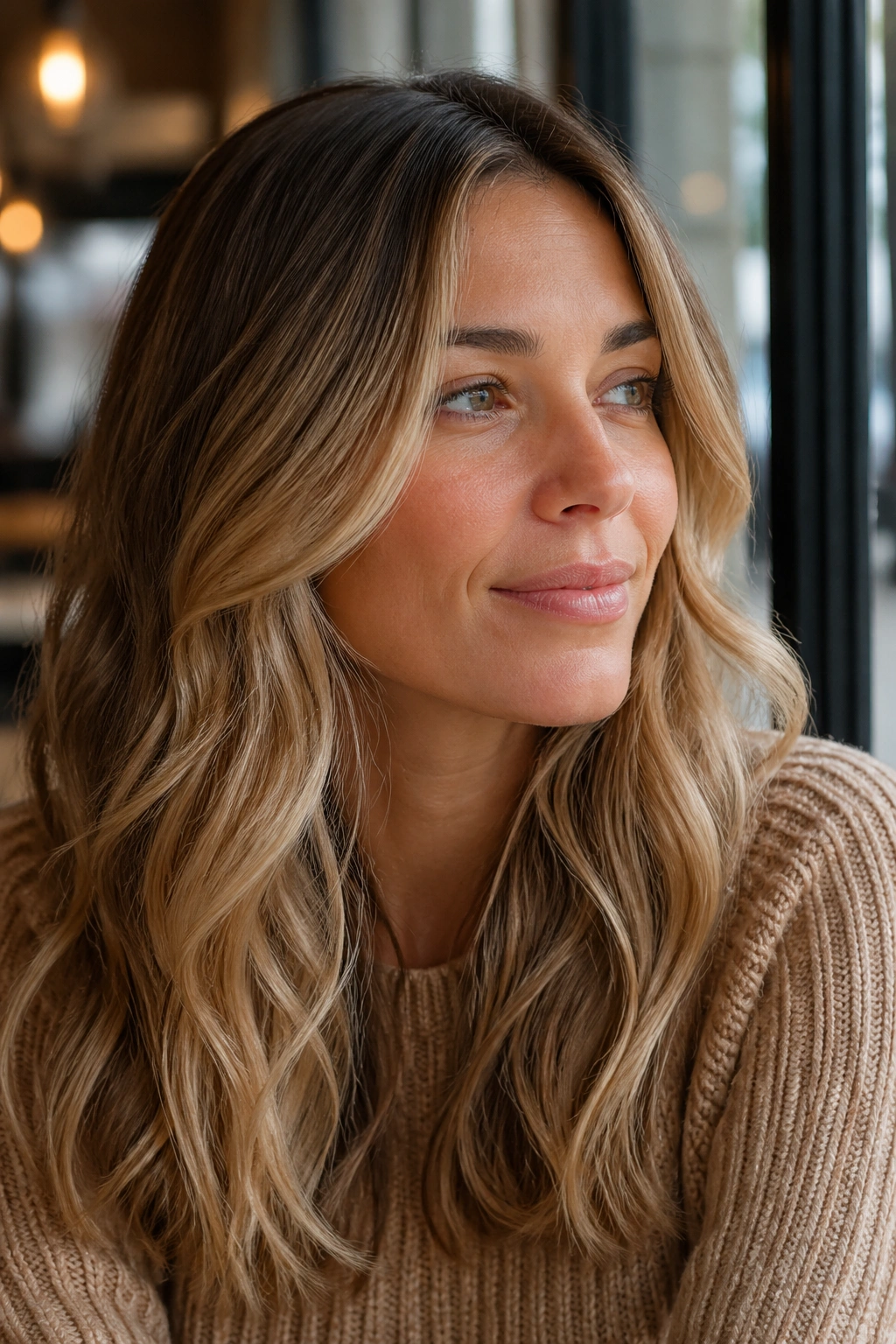 Close-up of toasted almond blonde hairstyle on a real person in natural cafe light
