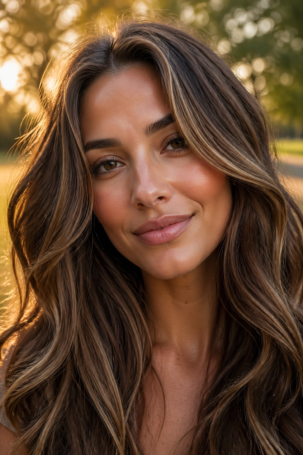 Close-up of a woman with toasted almond brown hair in golden-hour outdoor light.