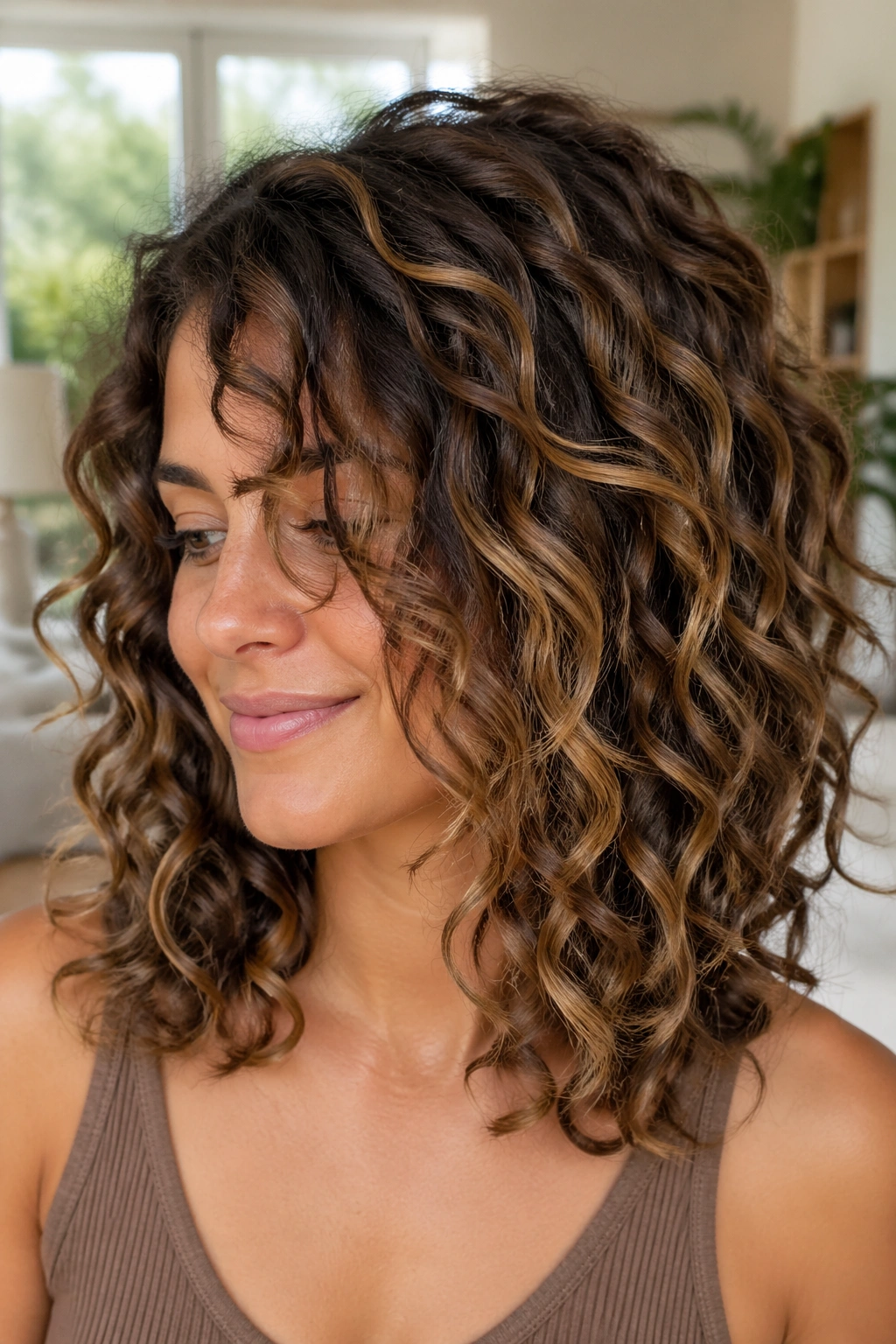 Close-up of a real woman with toasted almond layered curls in natural light