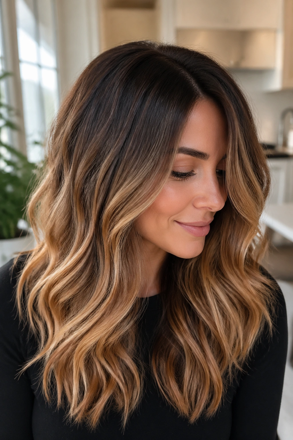 Real person with toasted caramel balayage and shadow root
