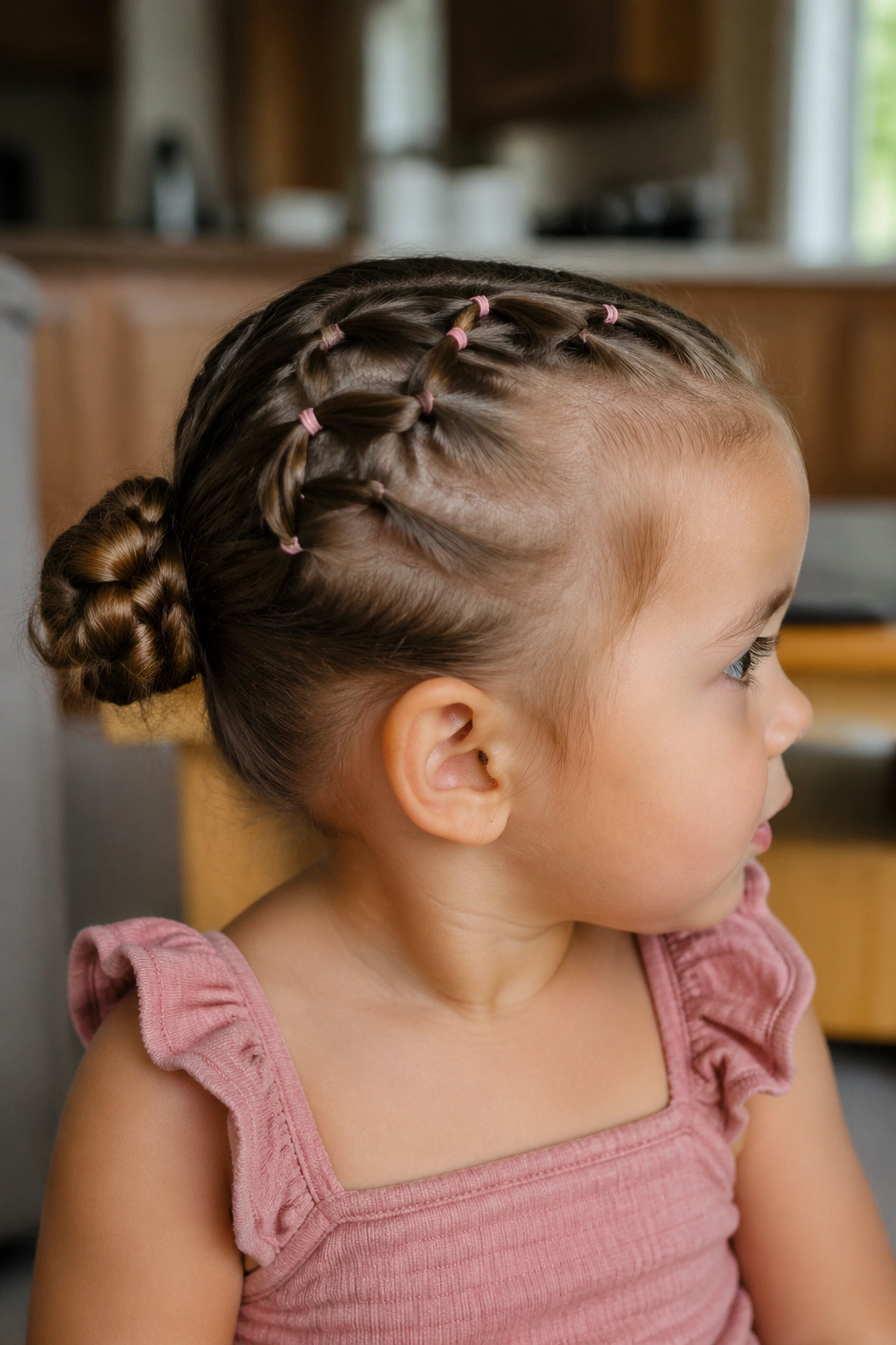 Close-up of toddler with braid ending in bun and band ladders