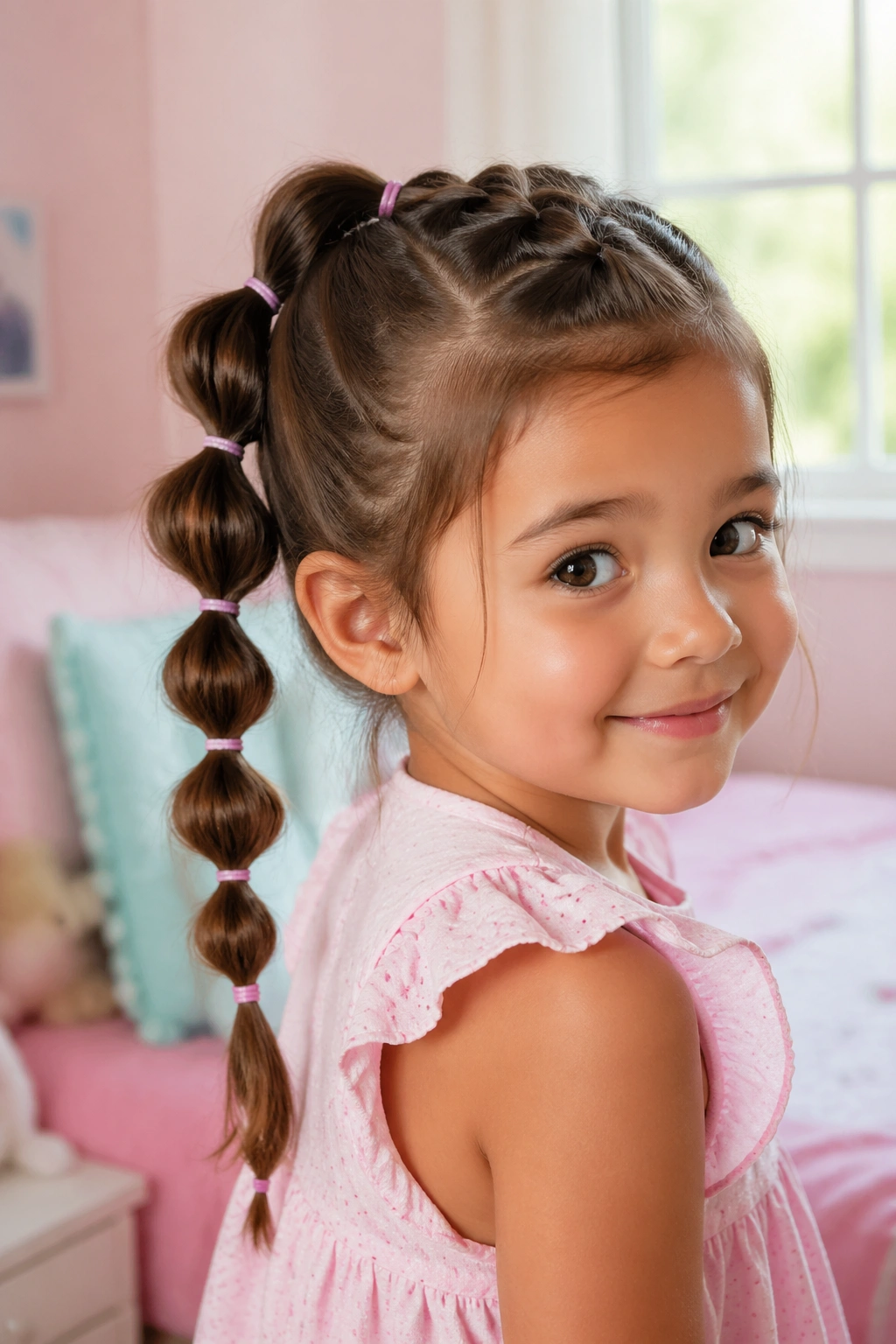 Close-up of a toddler with bubble ponytail rubber band braids in a soft bedroom