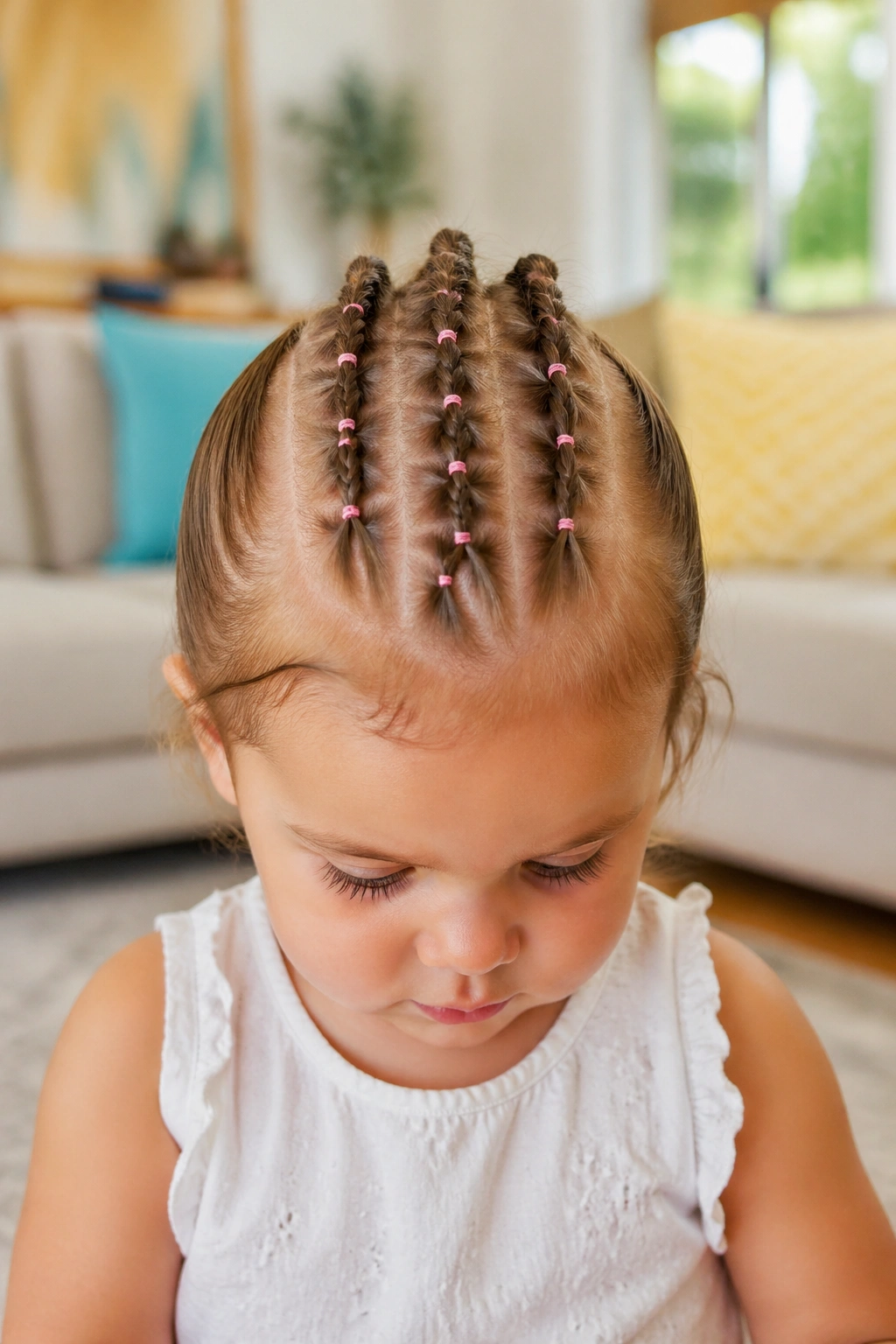 Close-up of a toddler with faux hawk rubber band braids in a bright living room