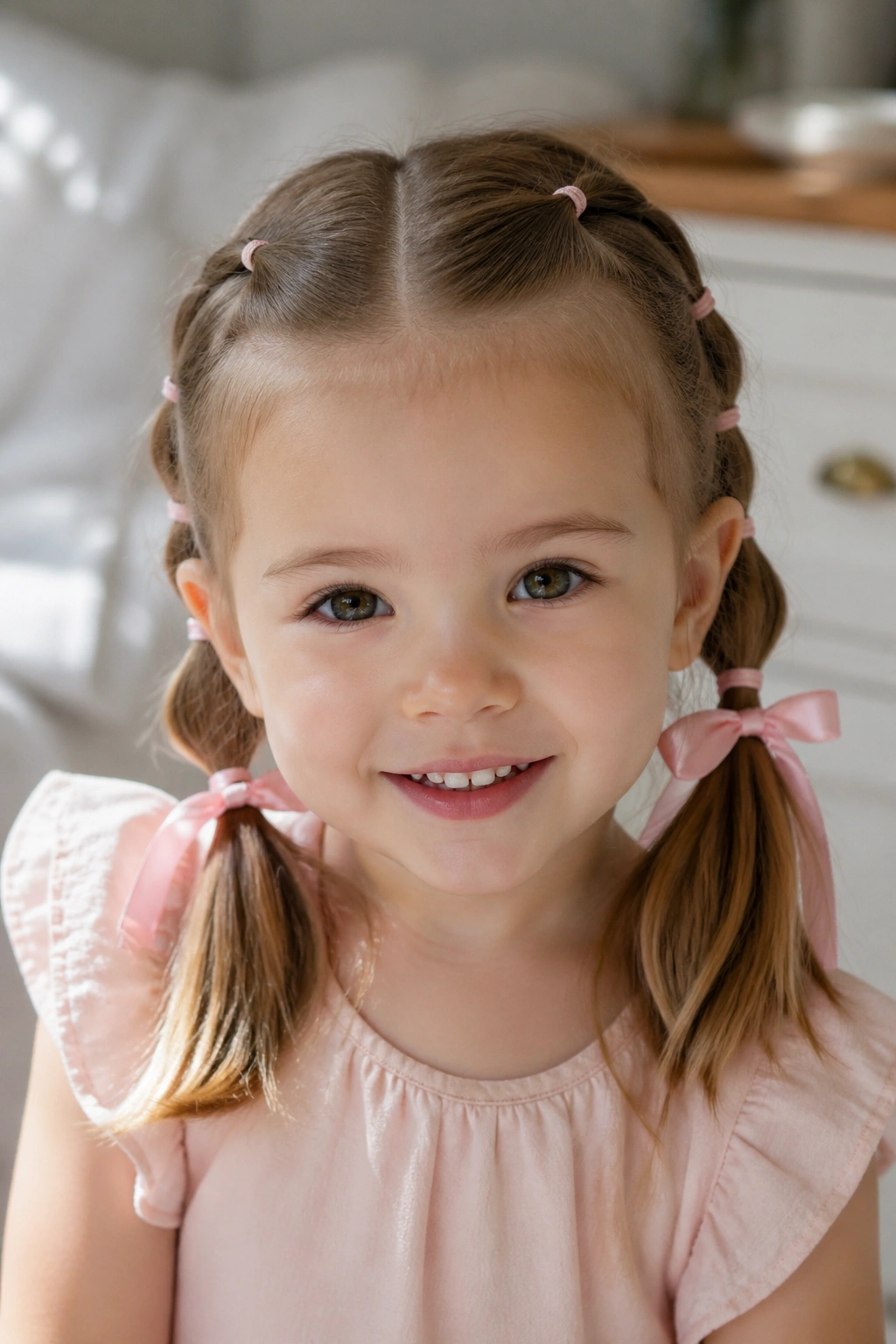 Close-up of toddler with low pigtail braids and ribbon ties