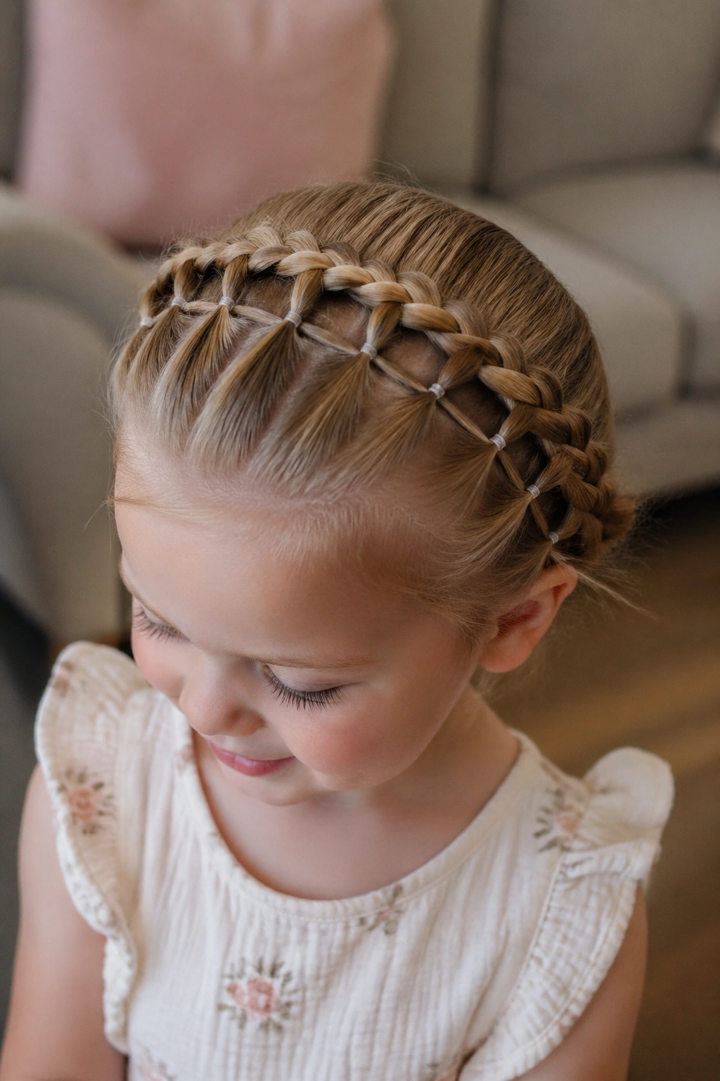 Close-up of toddler with halo rubber band braids and band ladders