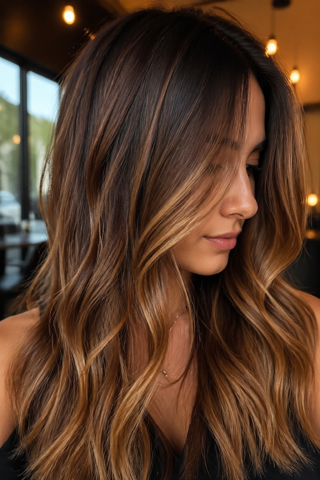 Close-up of brown hair with irregular toffee balayage highlights framed around the face