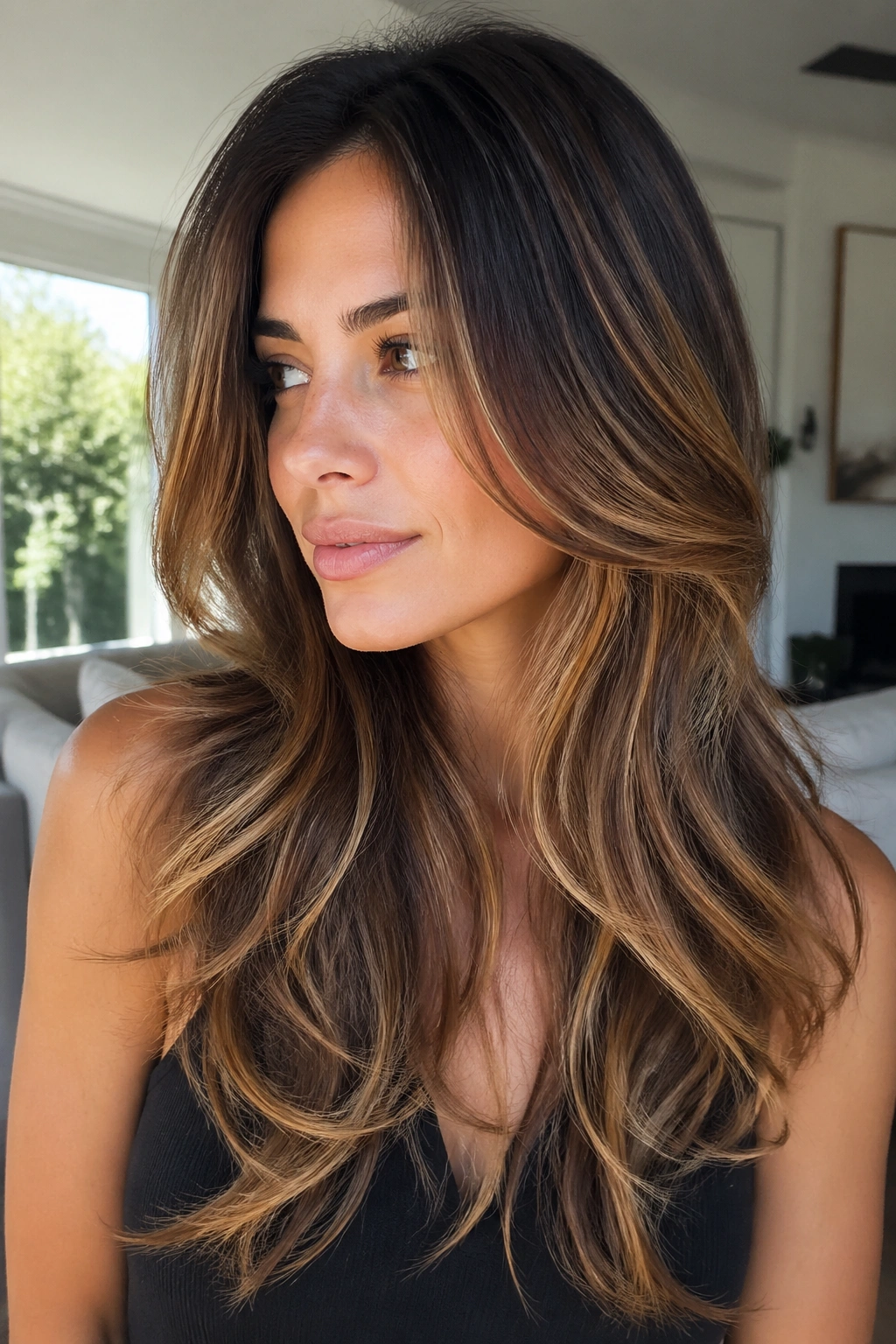 Close-up of long layered hair with toffee balayage on a real person