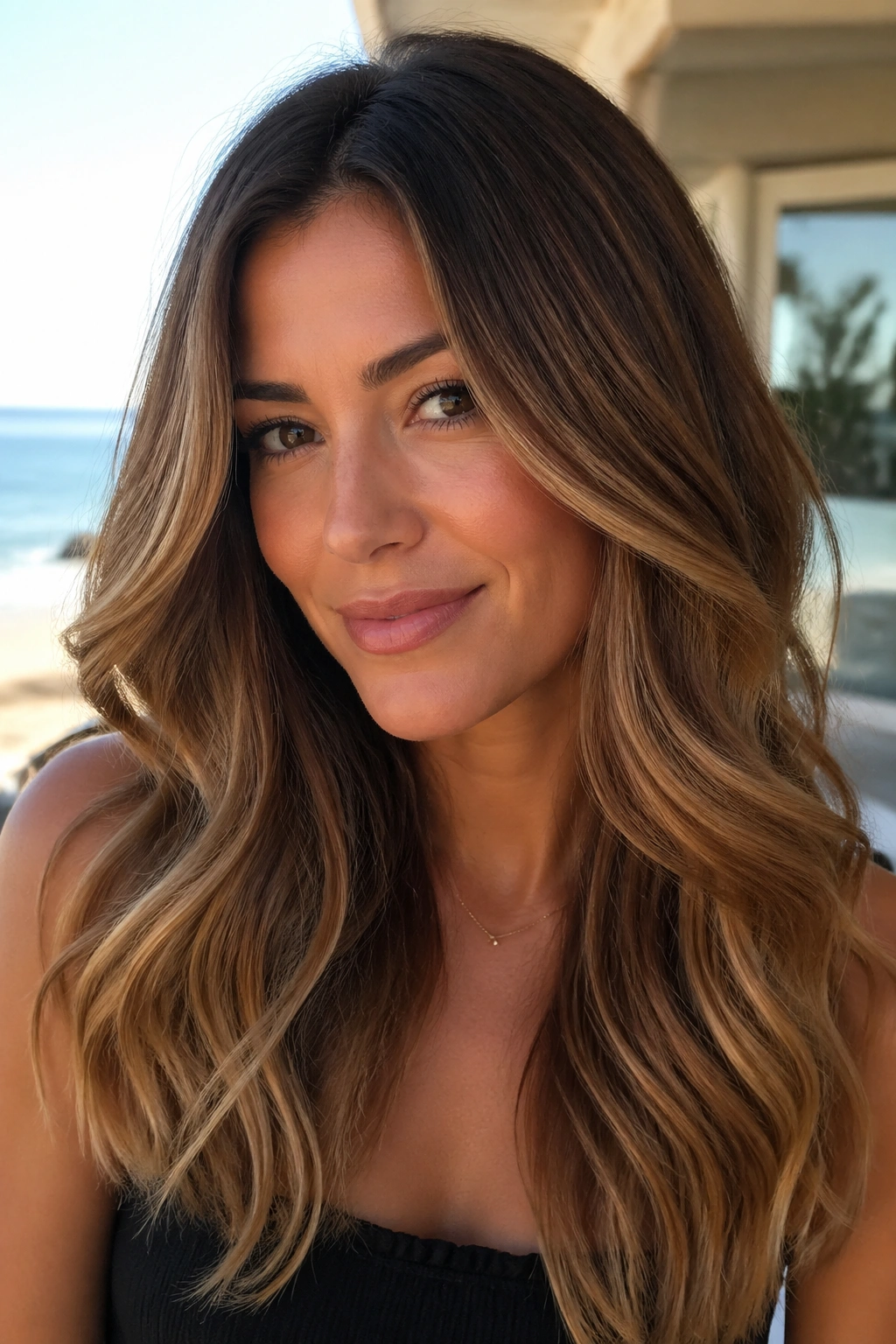 Close-up of toffee brown balayage on a real person with soft grow-out