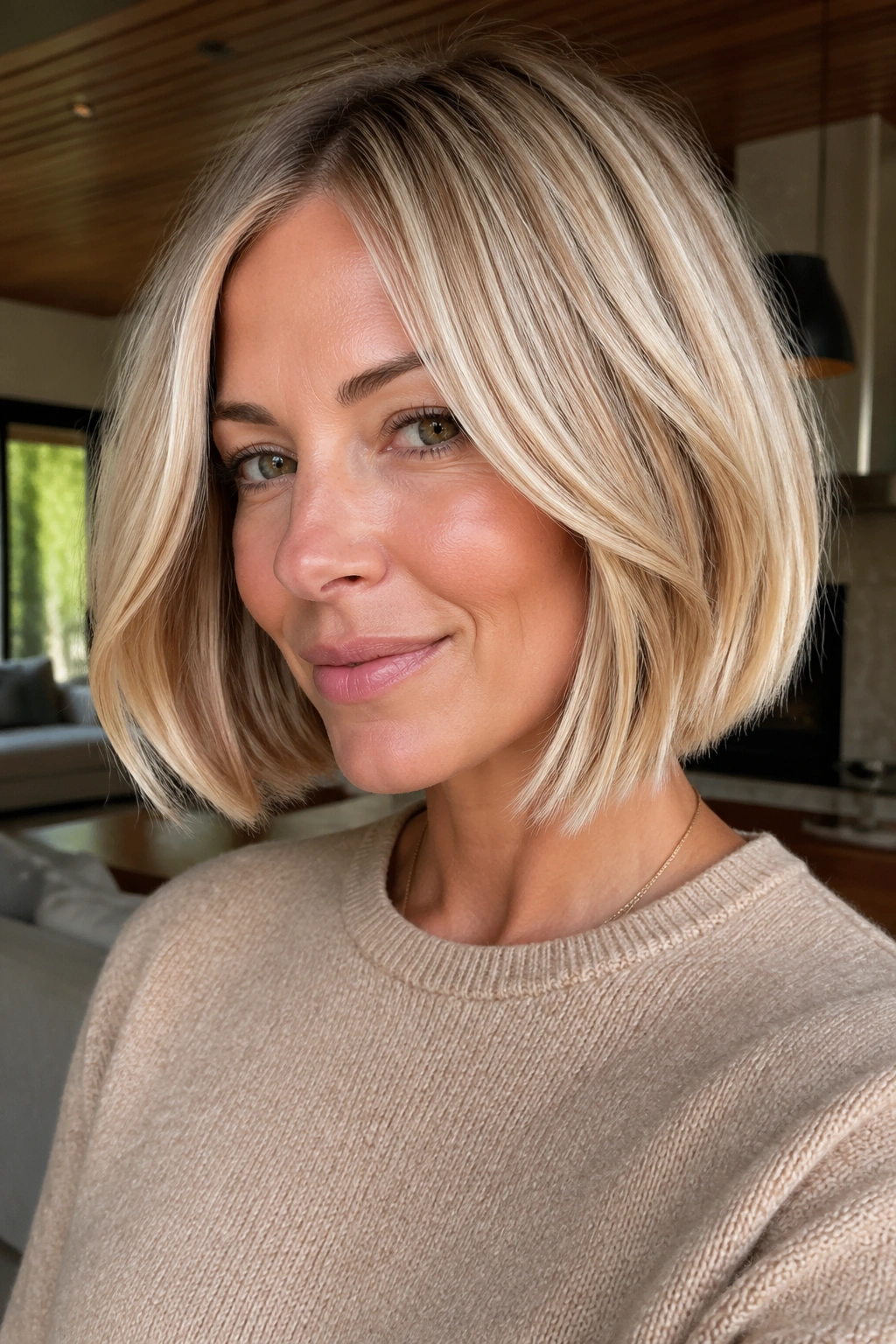 Close-up portrait of a real woman with a blunt blonde bob and toffee lowlights