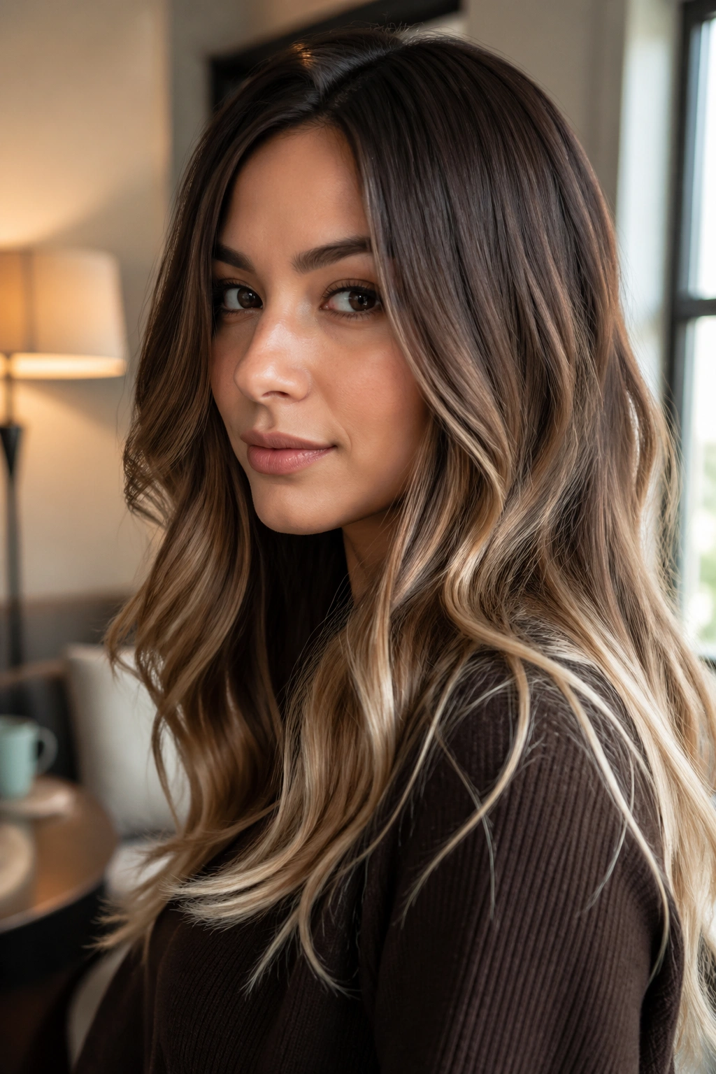 Close-up of toffee brown to champagne beige ombre on a real woman with creamy gradient