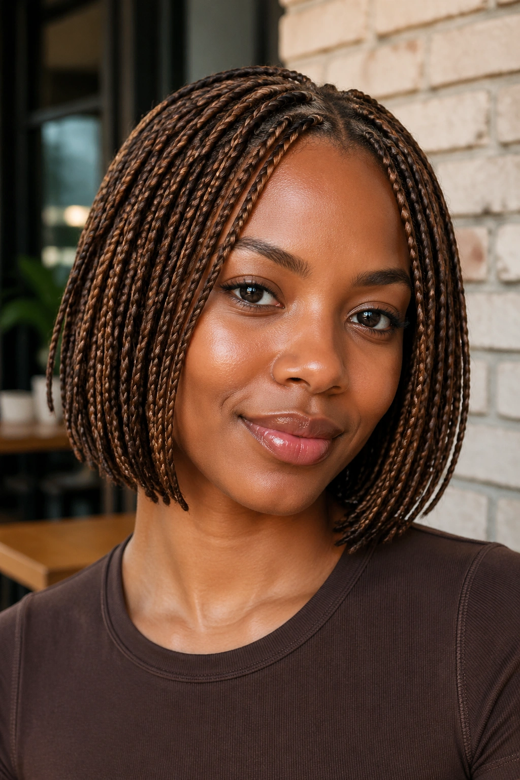 Close-up of a real person with chin-grazing toffee brown knotless box braids bob