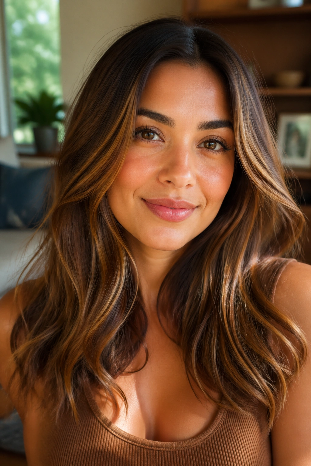 Close-up of a real woman with toffee brunette hair and warm golden mid-lengths