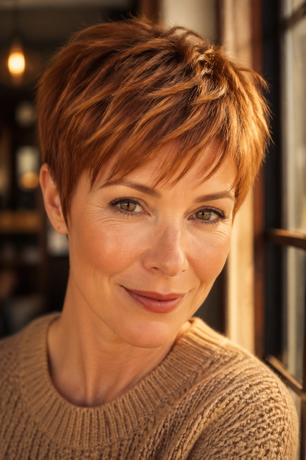 Close-up of a real person with a toffee copper pixie cut in warm light