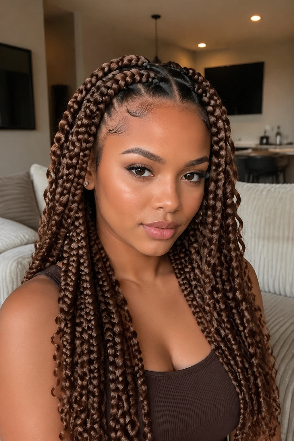 Close-up of a real person with toffee brown jumbo boho box braids