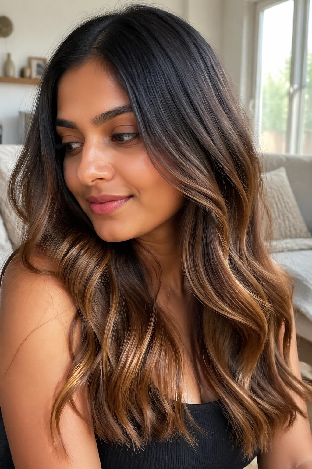 Close-up of a real woman with toffee-ombre hair in sunny daylight