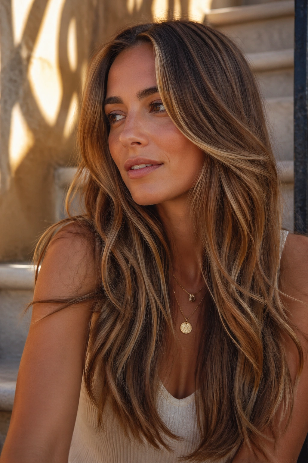 Real woman with long layered hair featuring toffee ribbon lights