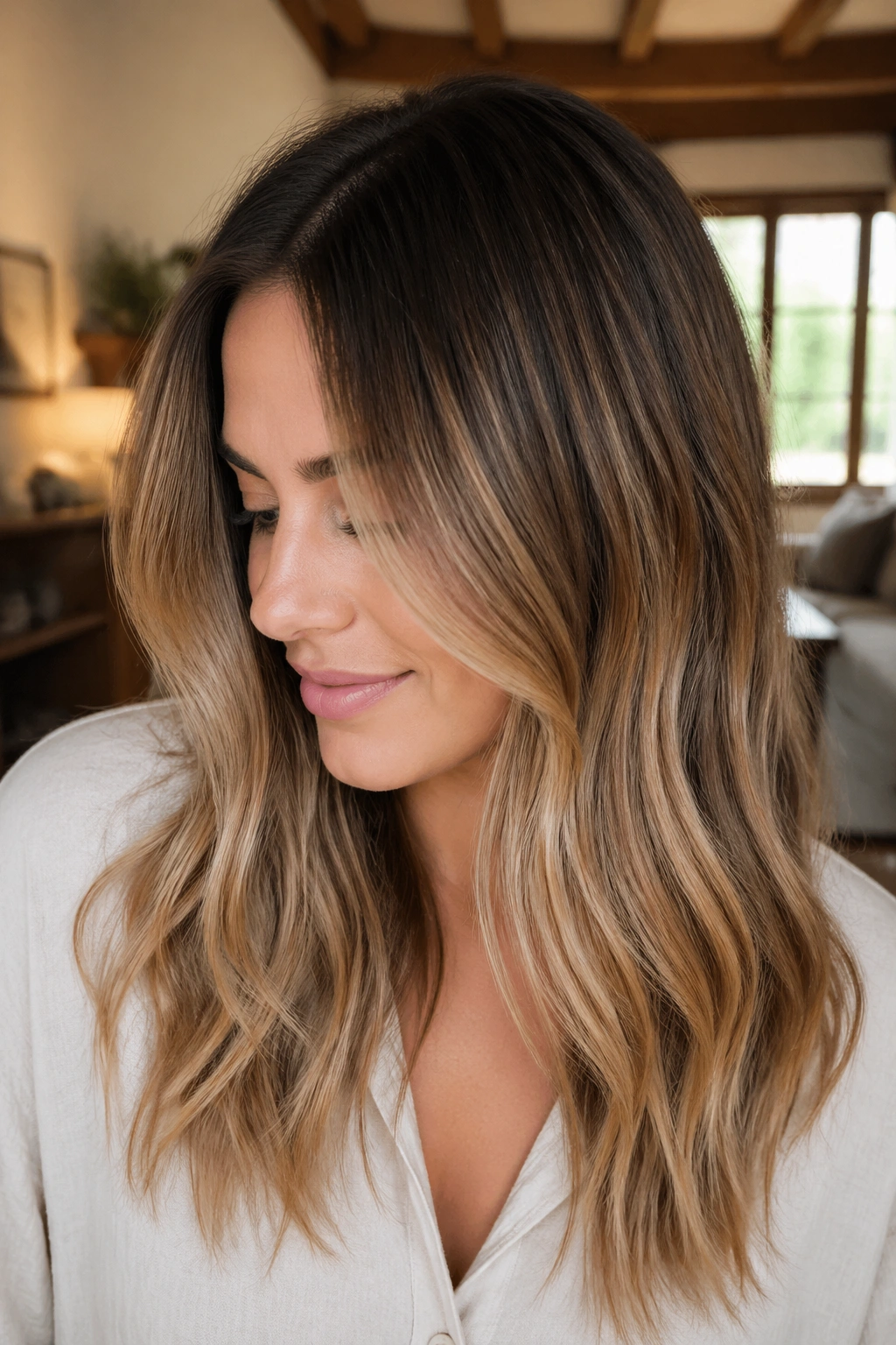 Close-up portrait of a real woman with a toffee root melt hair color in a warm living room.