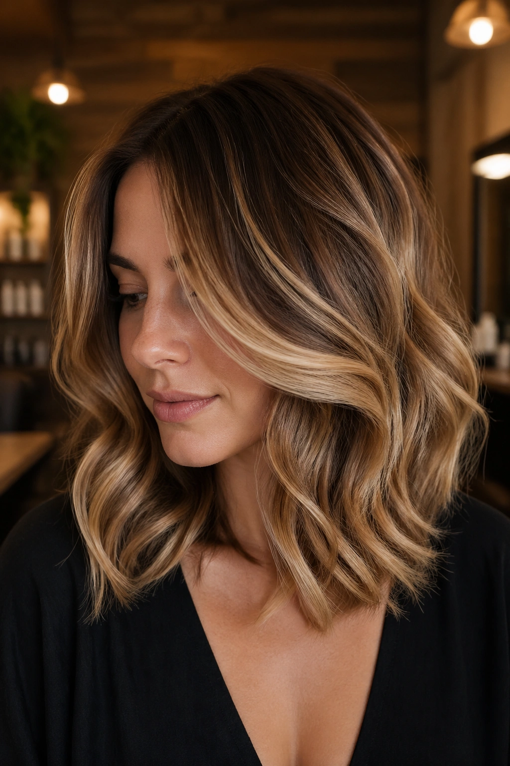 Portrait of a woman with toffee swirl balayage on layered lob.