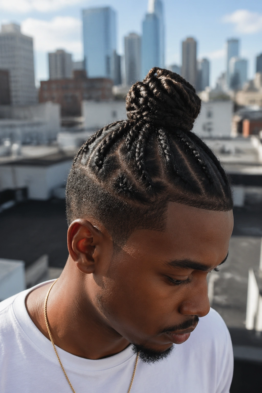 Portrait of a person with top knot braids