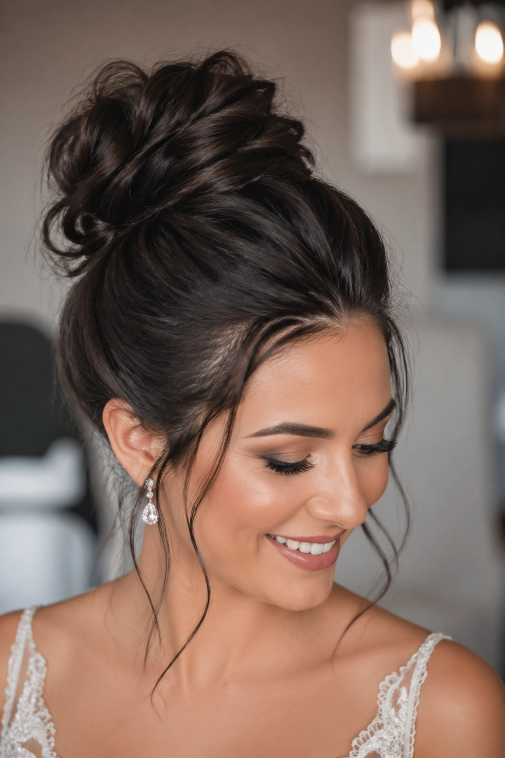 Real bride with messy top knot in cool dark brown, close-up portrait