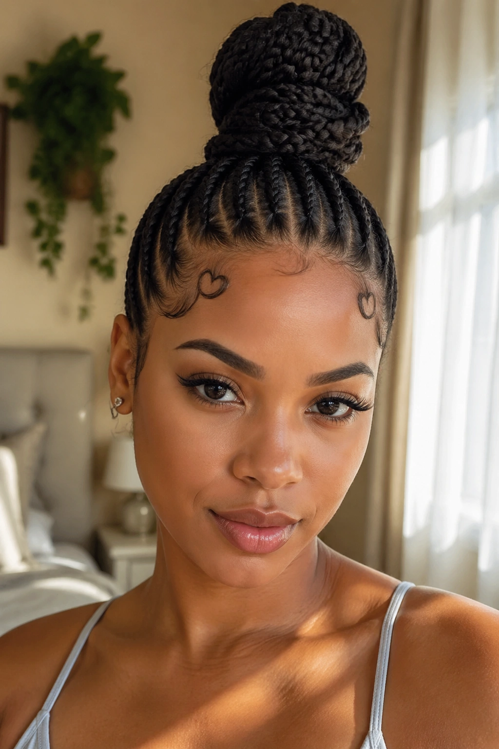 Close-up of a real person with a braided top knot and heart corners at the temples.