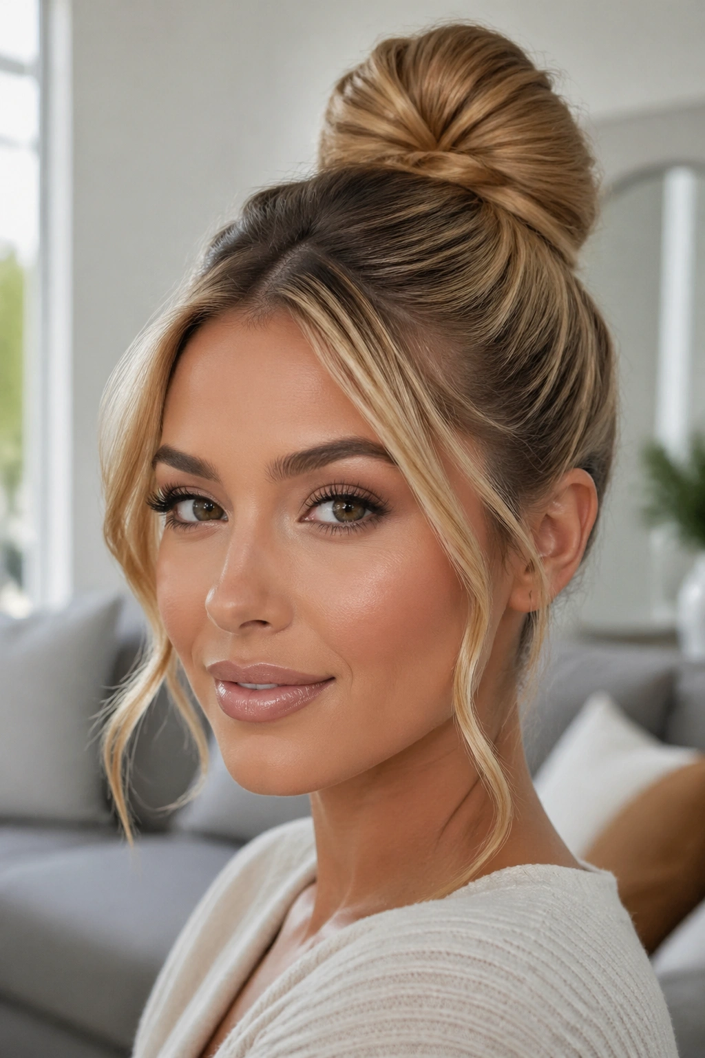 Real woman with a sleek top knot and face-framing strands in honey blonde