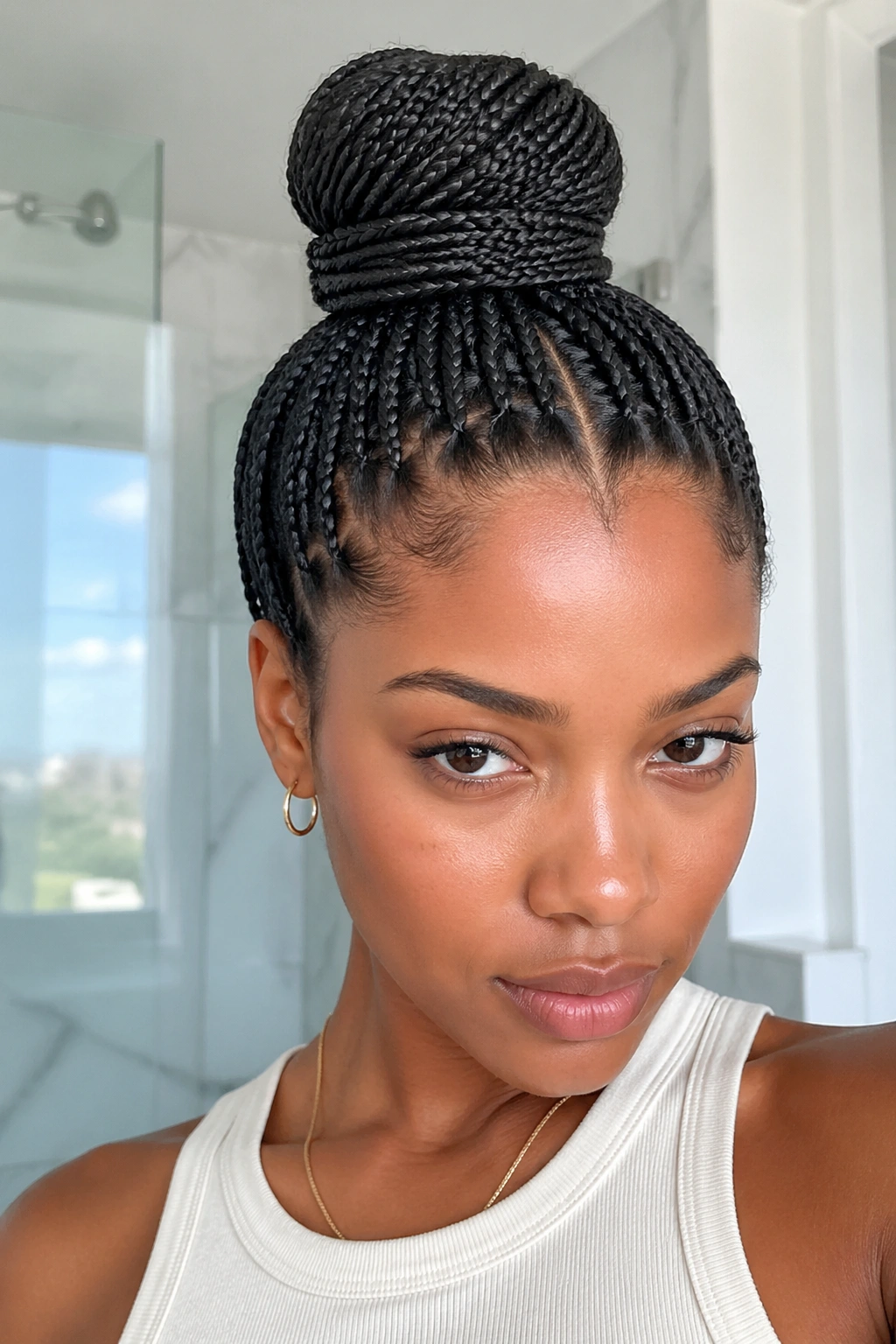 Center-part top knot with wrapped base knotless braids on a real person