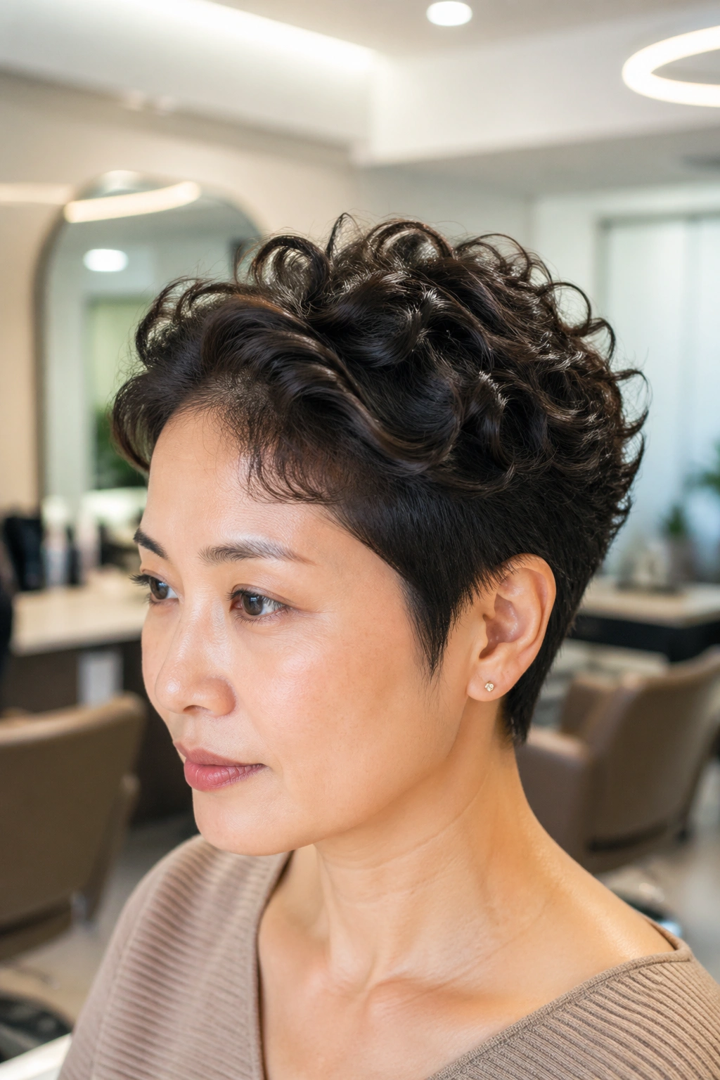 Close-up of a real woman with curl on crown and calm sides