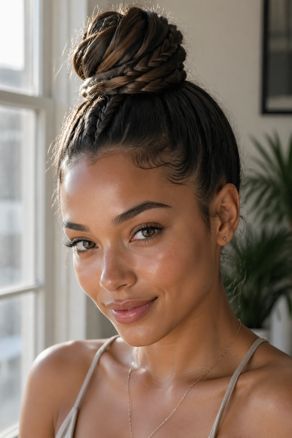Close-up of a real woman with a high braided topknot