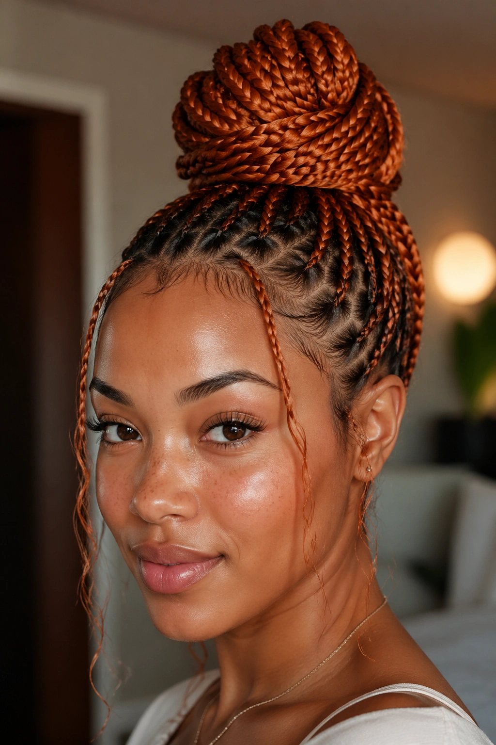 Real person with braided topknot and copper face-framing pieces.