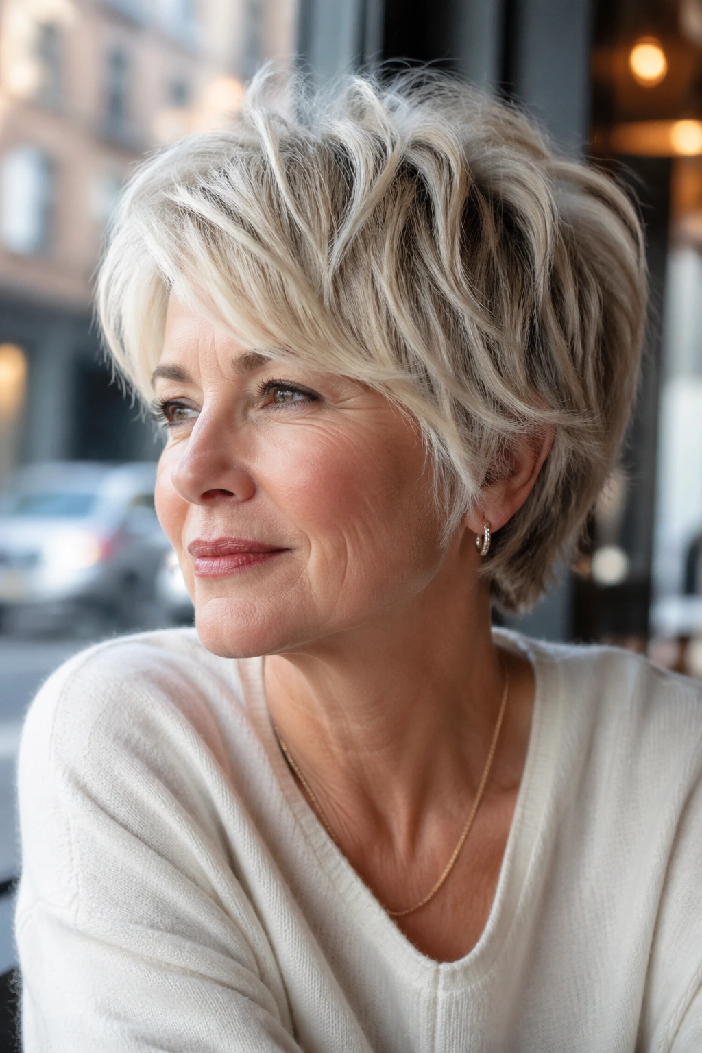 Close-up of older woman with tousled bixie hairstyle in natural light