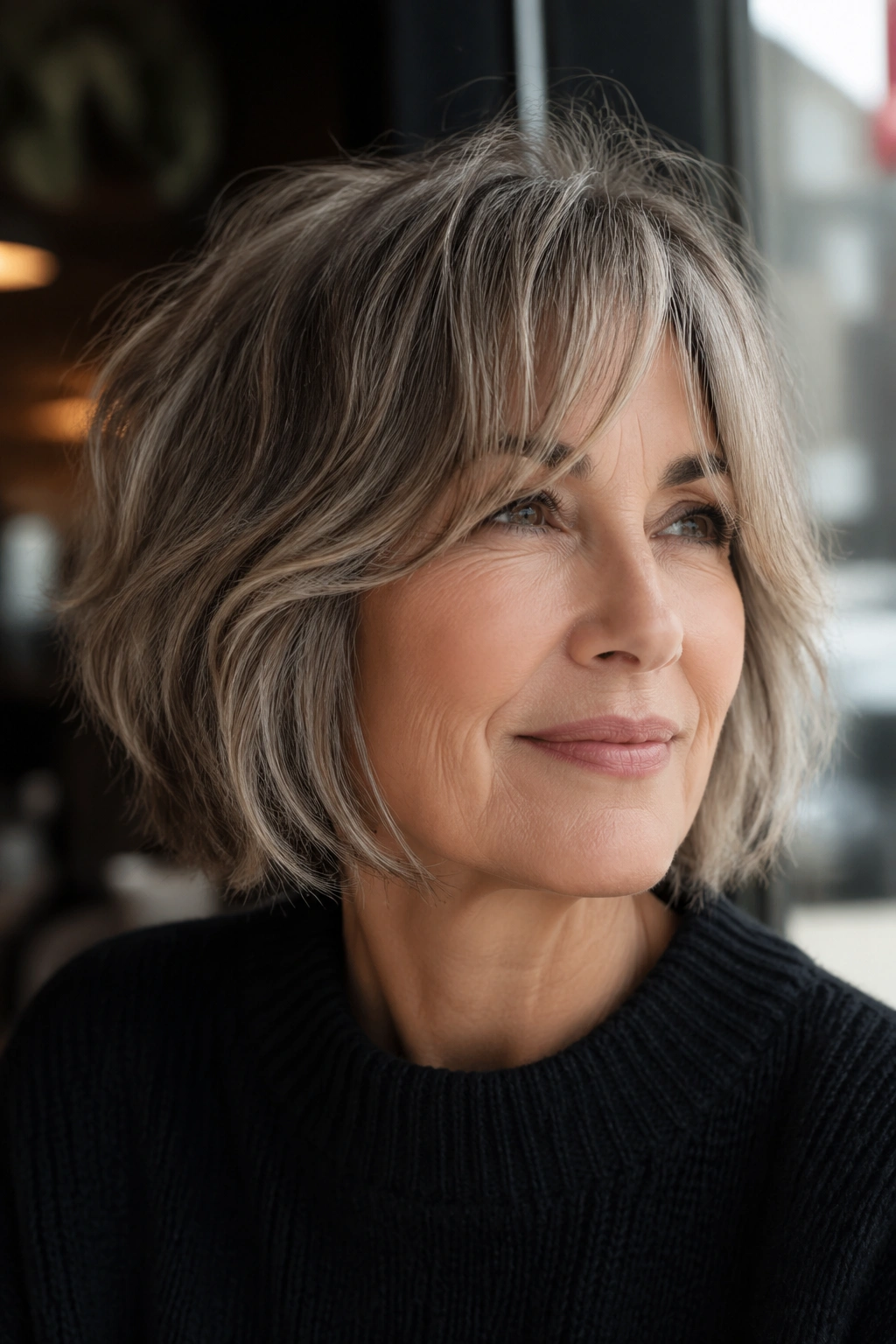 Portrait of an older woman with a tousled bob and curtain bangs by a sunny cafe window.