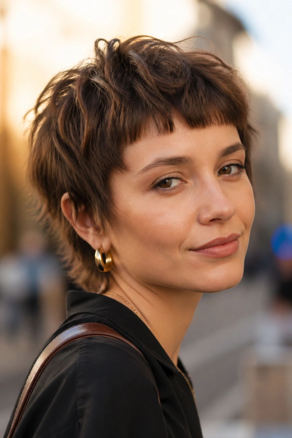 Close-up of a real person with a tousled brown crop and micro fringe in warm outdoor light