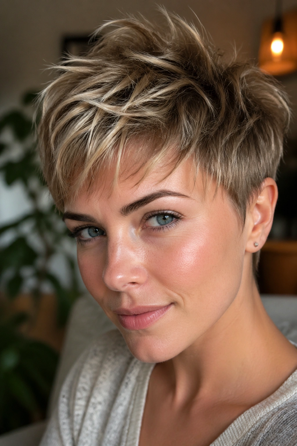 Real person with tousled crop, textured casual look
