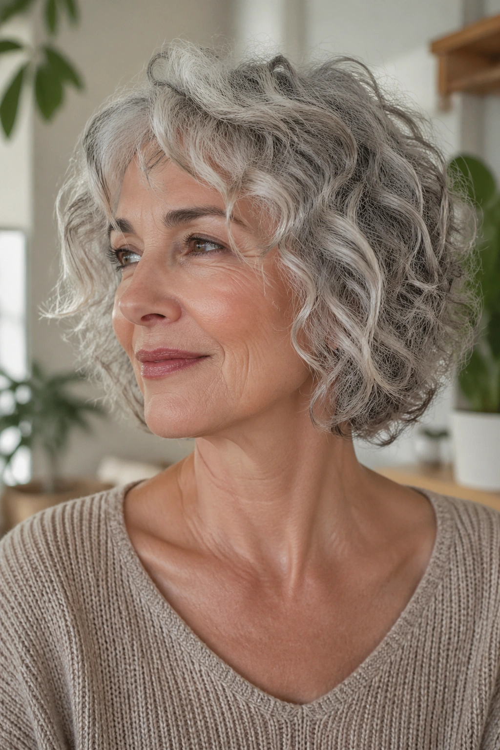 Portrait of a woman with a tousled curly bob and lively curls