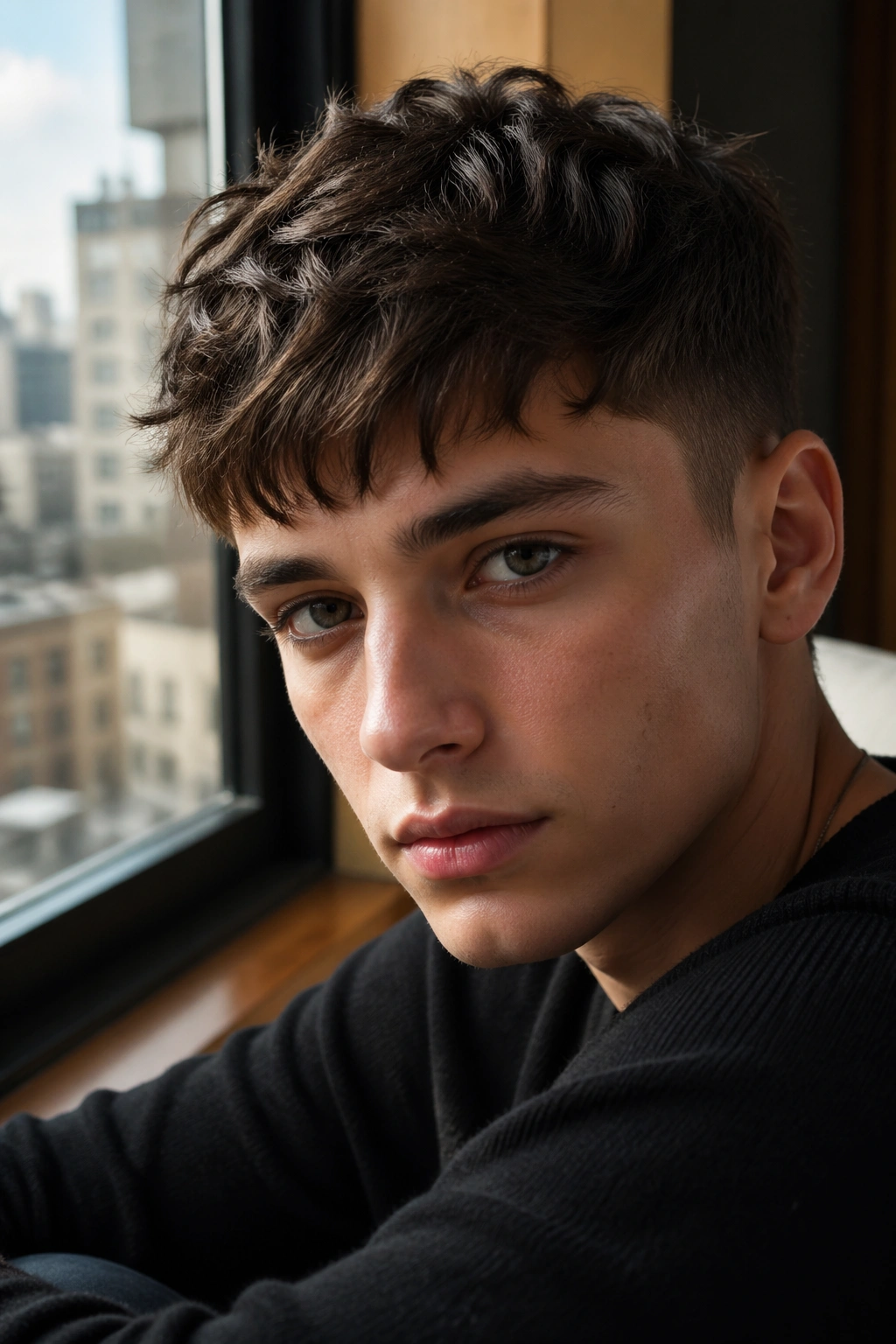 Close-up portrait of a real person with a tousled French crop in window light