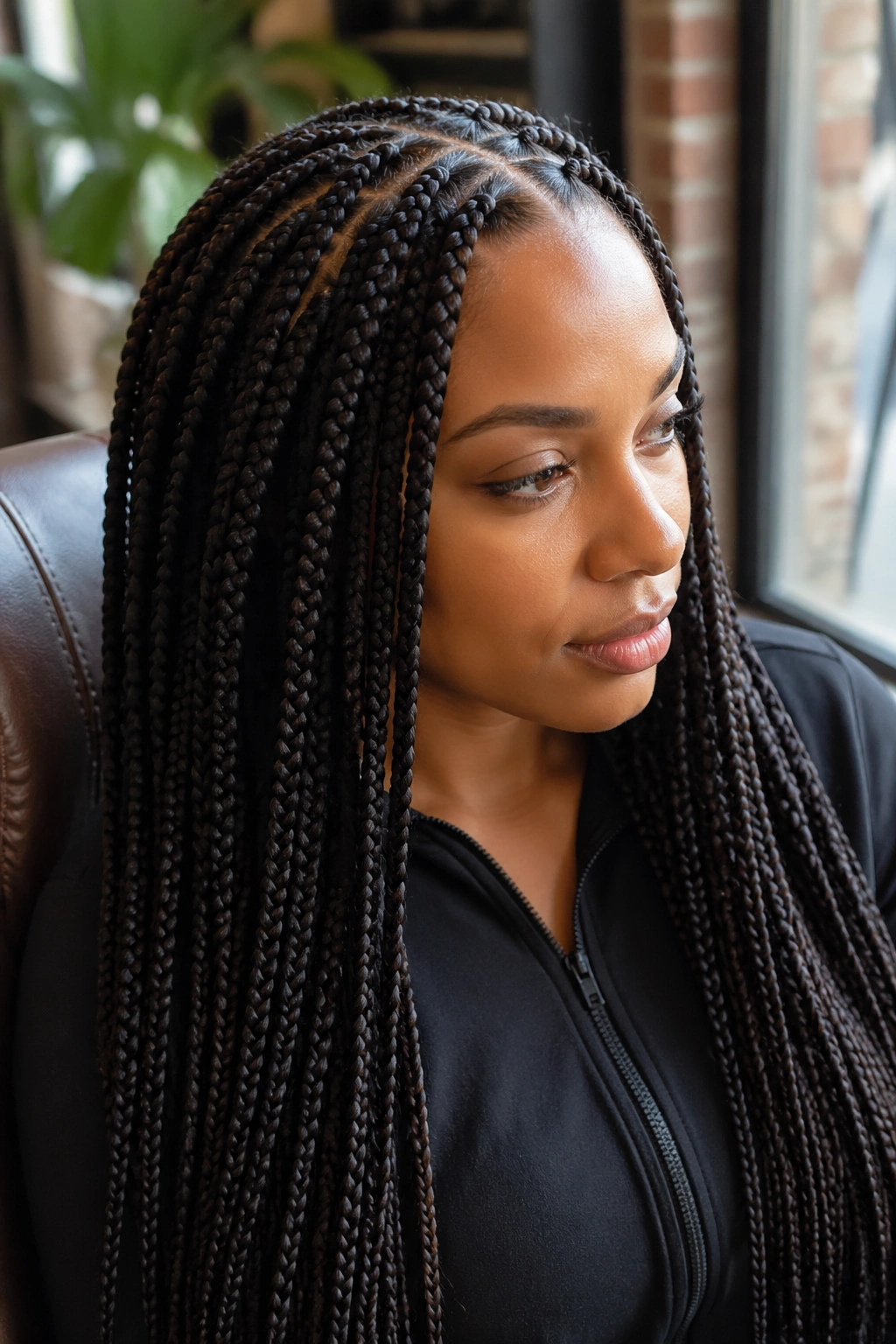 Close-up traditional box braids on a real woman in a sunlit salon