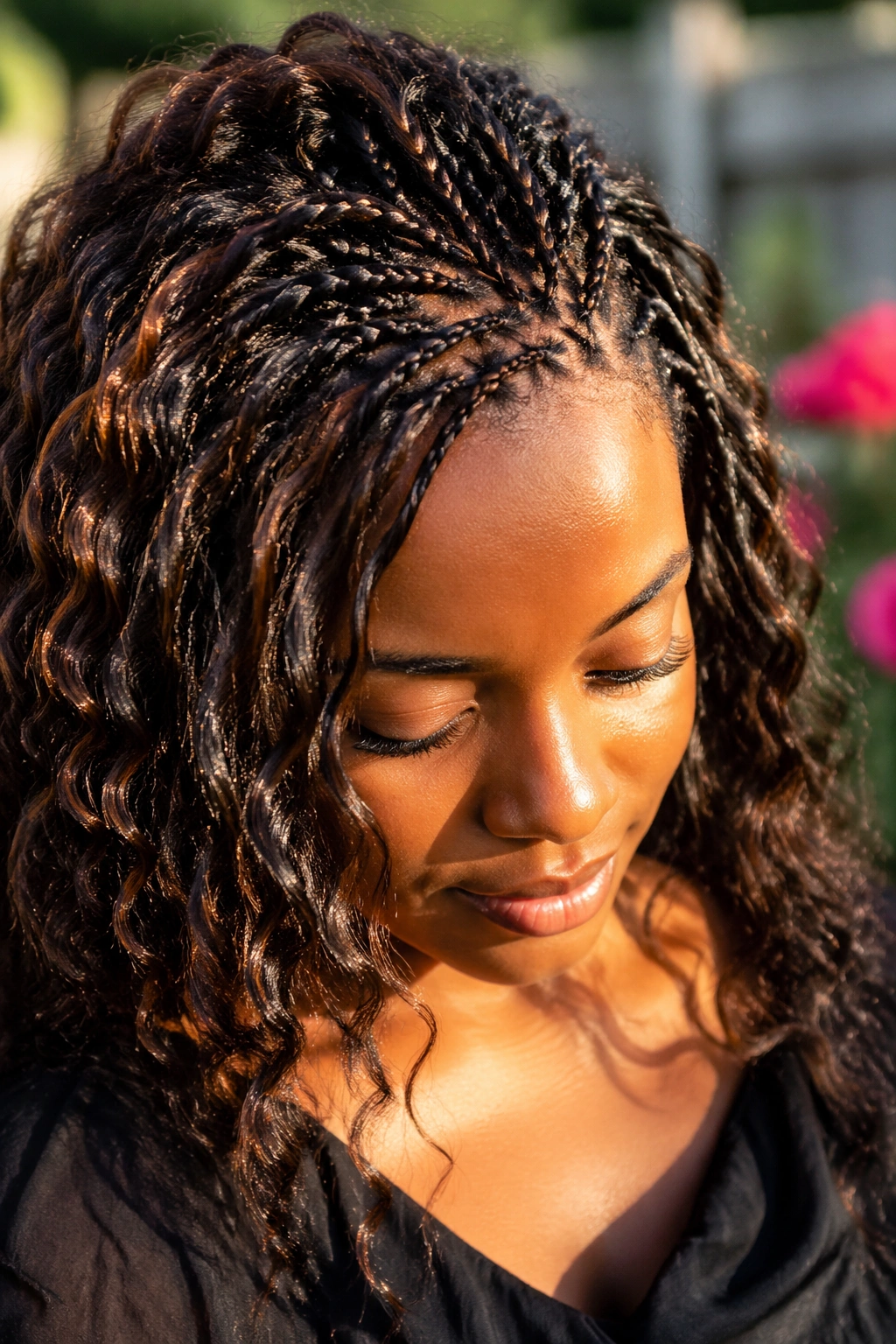 Close-up of a Black woman with tree braids and loose hair in a sunny outdoor setting.