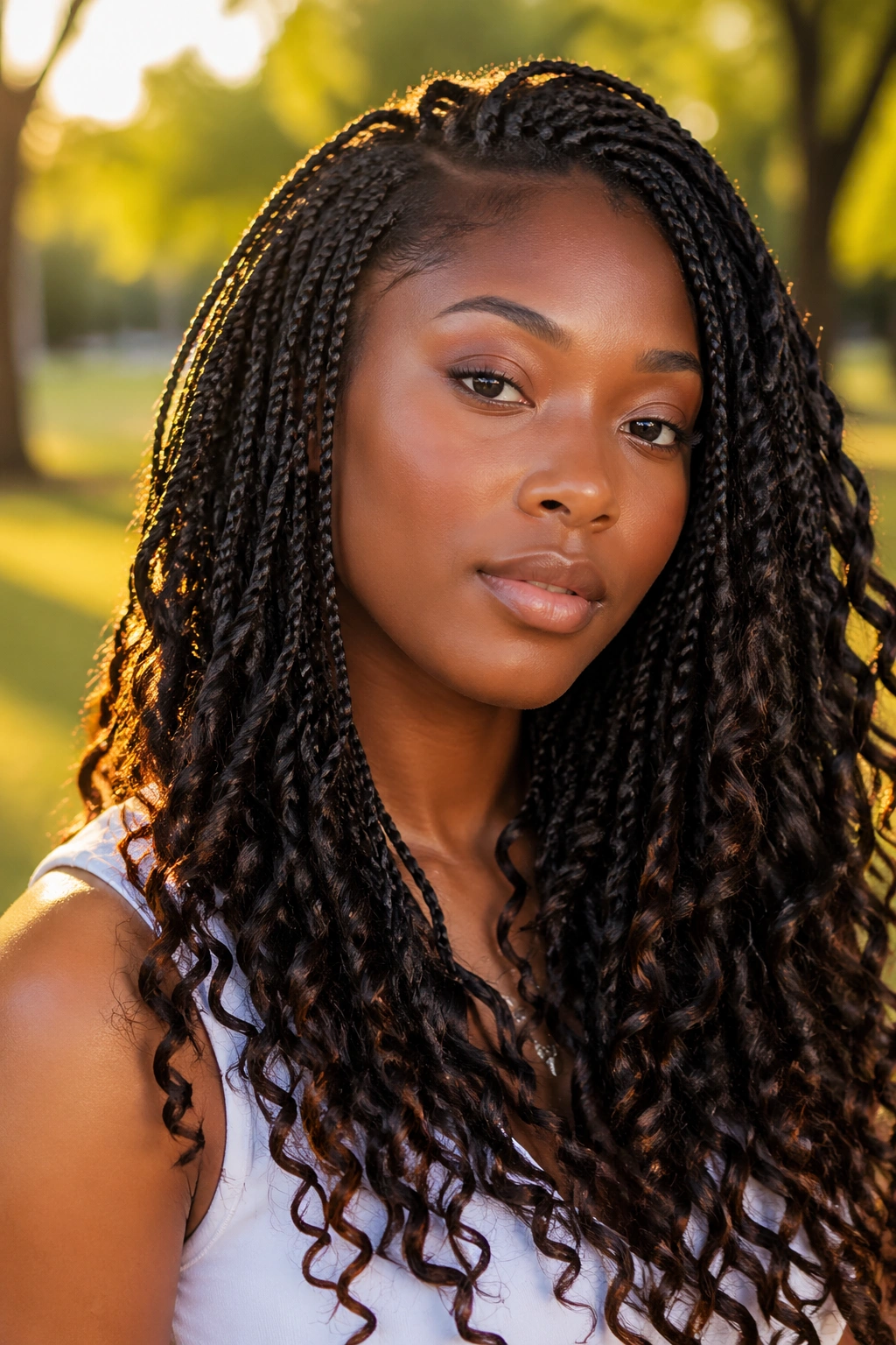 Close-up of a woman with tree braids ending in curls