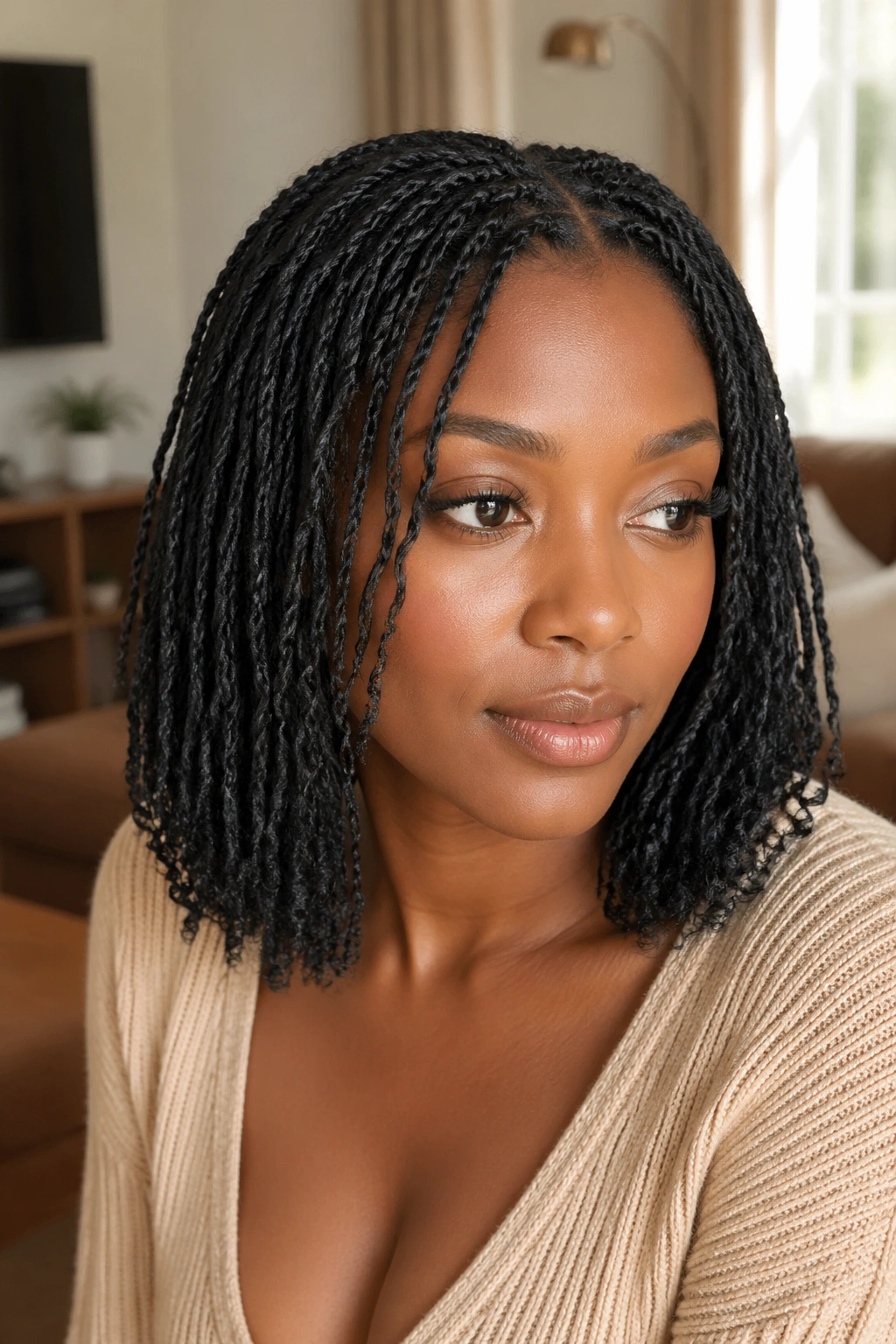Close-up portrait of a real woman with shoulder-length tree braids on Type 4 natural hair