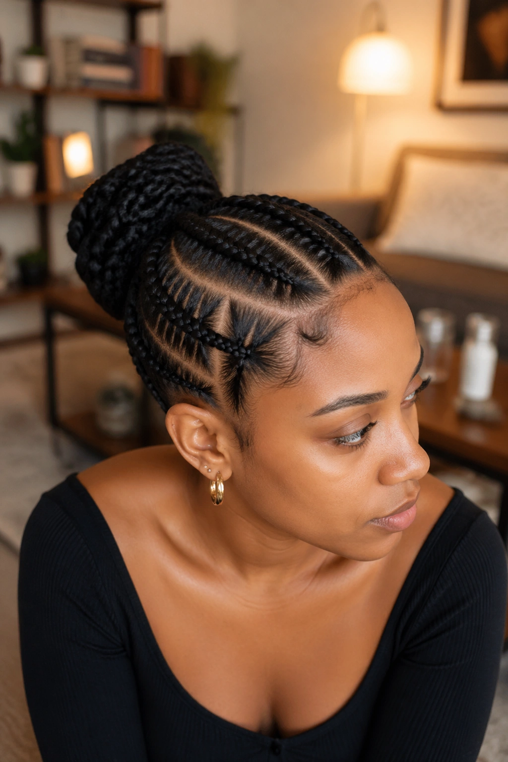 Close-up portrait of triangle-part cornrows on a real person